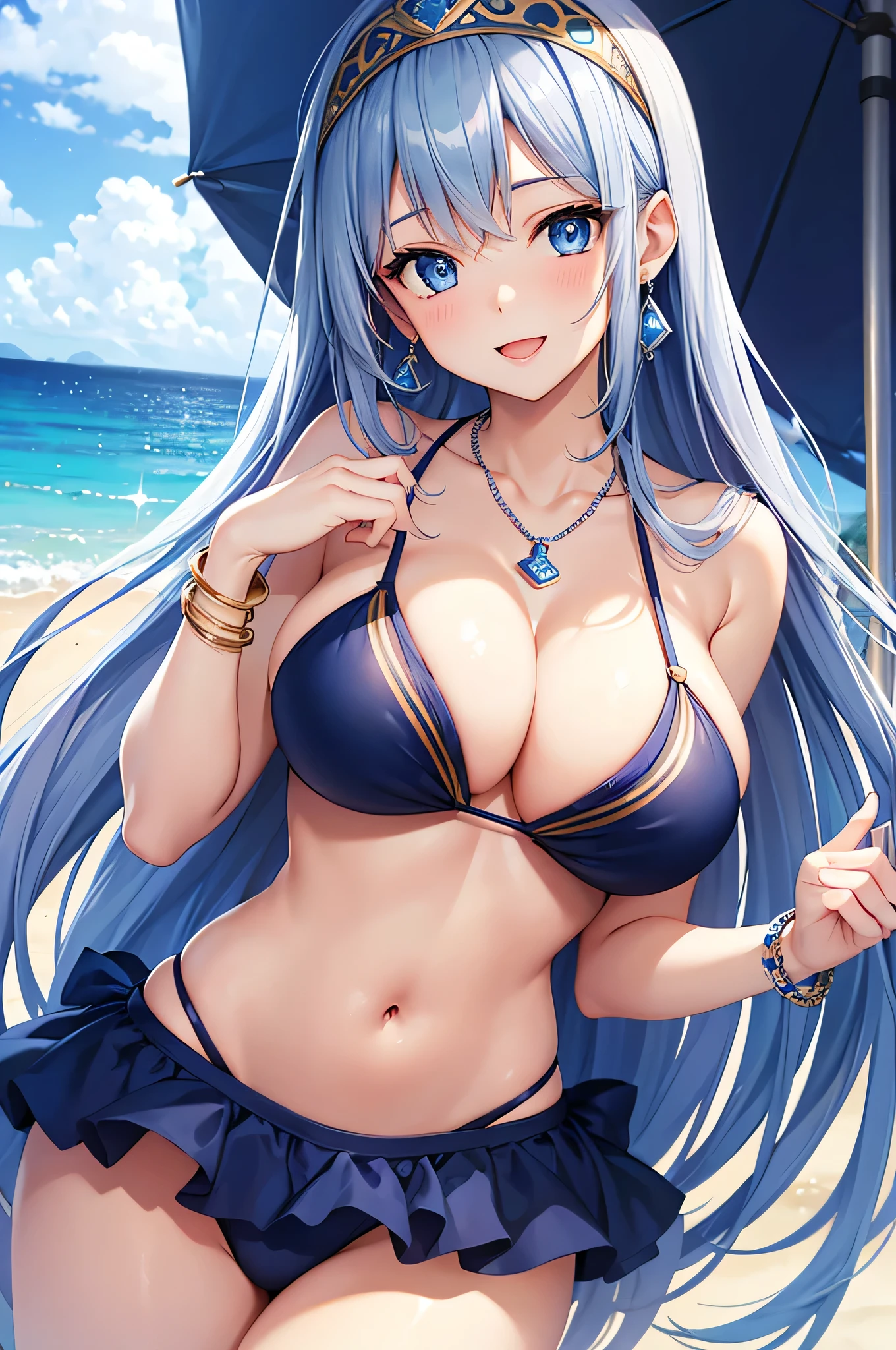 highest quality、Best image quality、masterpiece、beautiful girl、Navy blue long hair、blue eyes、Navy Blue Bikini、Big cleavage、(Big Breasts)、smile、blue necklace、Blue Earrings、background(Beach)、Sexy pose、Please open your mouth wide、White headband、Dynamic Angle、bracelet