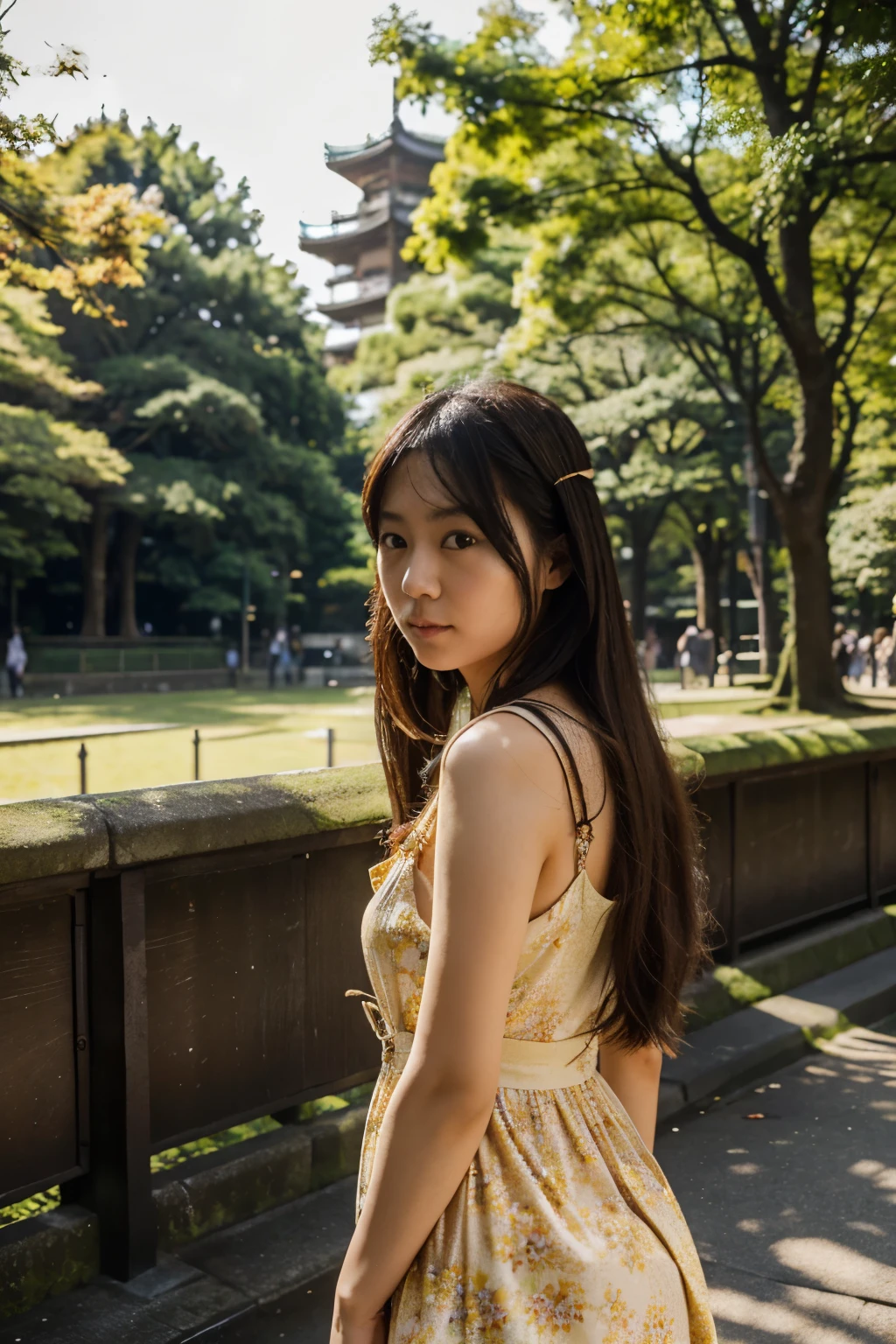 a japanese 25 years old girl with long hair wearing sun dress  in Ueno Park in japan