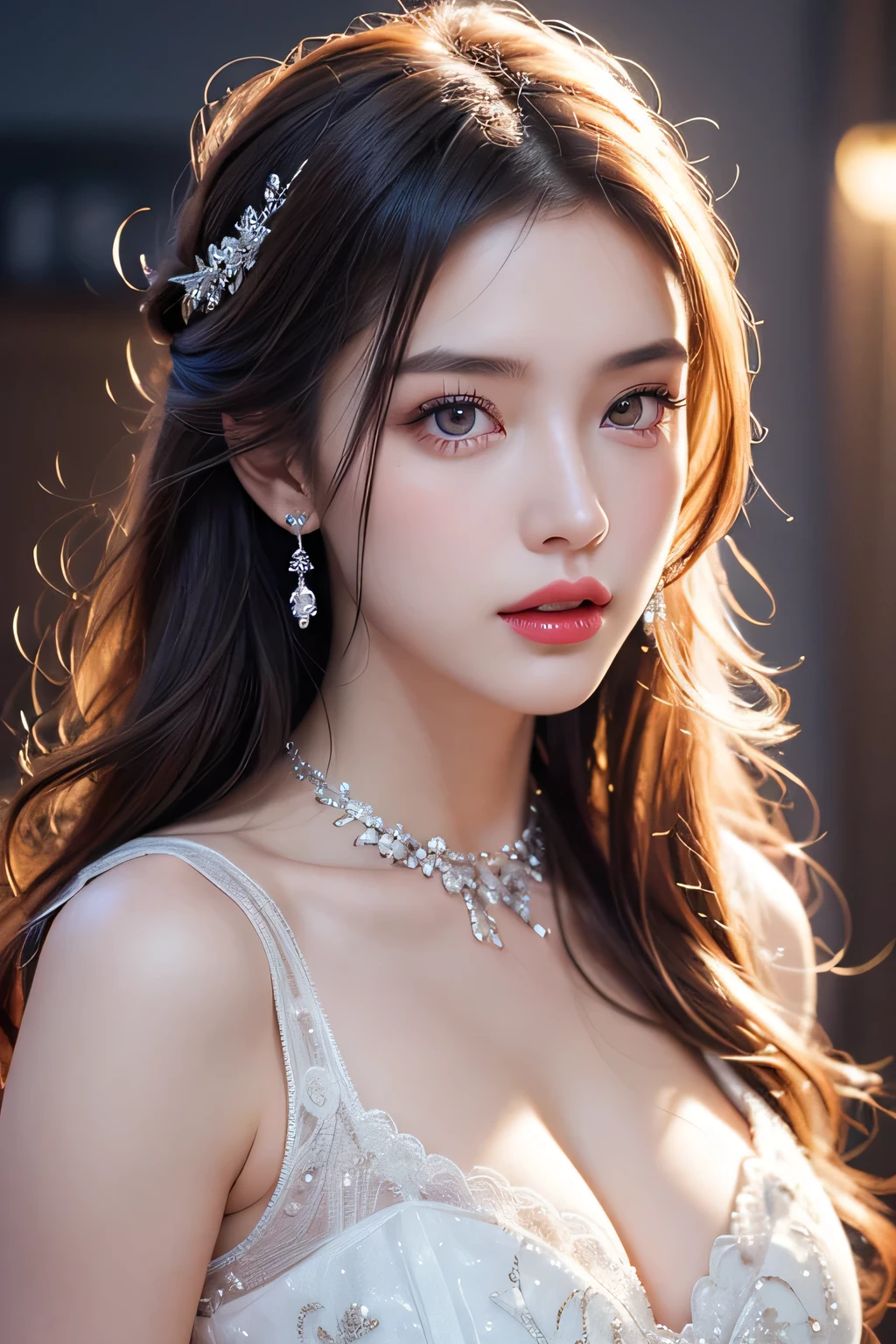 High-quality work，Realistic works，Super premium graphics，8K HD CG works，high quality graphics，High-definition and exquisite CG works，10x pixels，Ultra-fine details：1.1，Advanced technical details：1.1Realistic photo effects，Interior lighting effects：1.5，natural soft light：1.5. Light effect（Virtual light effects：1.8），ultra high resolution，shining dress，sliver long hair，silber hair，transparenthair，high detailed hair（Quality hair details：1.1）Clear eyes，Double eyelids look good，Sharp eye makeup, Create exquisite eyelash makeup, tthin eyebrows, Ultra-detailed eyes，a tall nose, lovely red lips, rosey cheeks, With delicate makeup on her face , pretty face, The face shape is perfectly proportioned,（Advanced facial details：1.1）Gentle and beautiful girl, (185cm美女), (fit), Imperial sister, Queen temperament, White skin, ((Long legs)), perfect facial features, Bright Eyes, Seductive pose, Red lips, Beautiful and cold (A major breakthrough)), Beautiful and heroic, Soft and long hair, Glittering, Lace, net, Visible through clear skin, wear glasses, diamond earrings, ruby neckLace, (Purple dress), 8K Image Quality, (Realistic Portraits), Characters fill the screen, (Facial lighting), ((eternal) ，Women's artwork，Dress full body video，Realism，Amazing Cleavage，My eyes are very bright today

