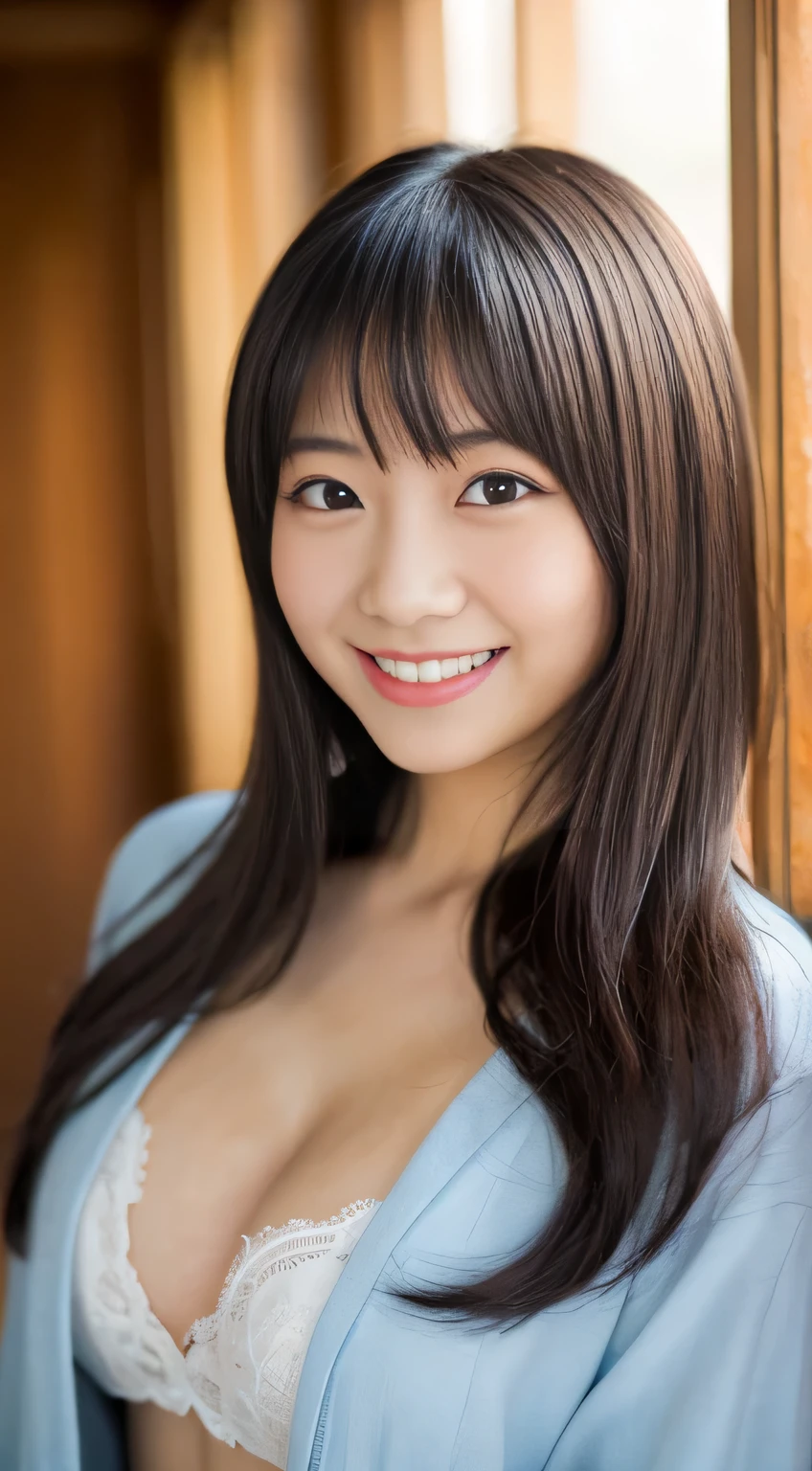 masterpiece,best quality,(Japanese ),((Beautiful girl)),cleavage,indoor,(perfect body beauty:1.2),(shy smile),beautiful teeth,
