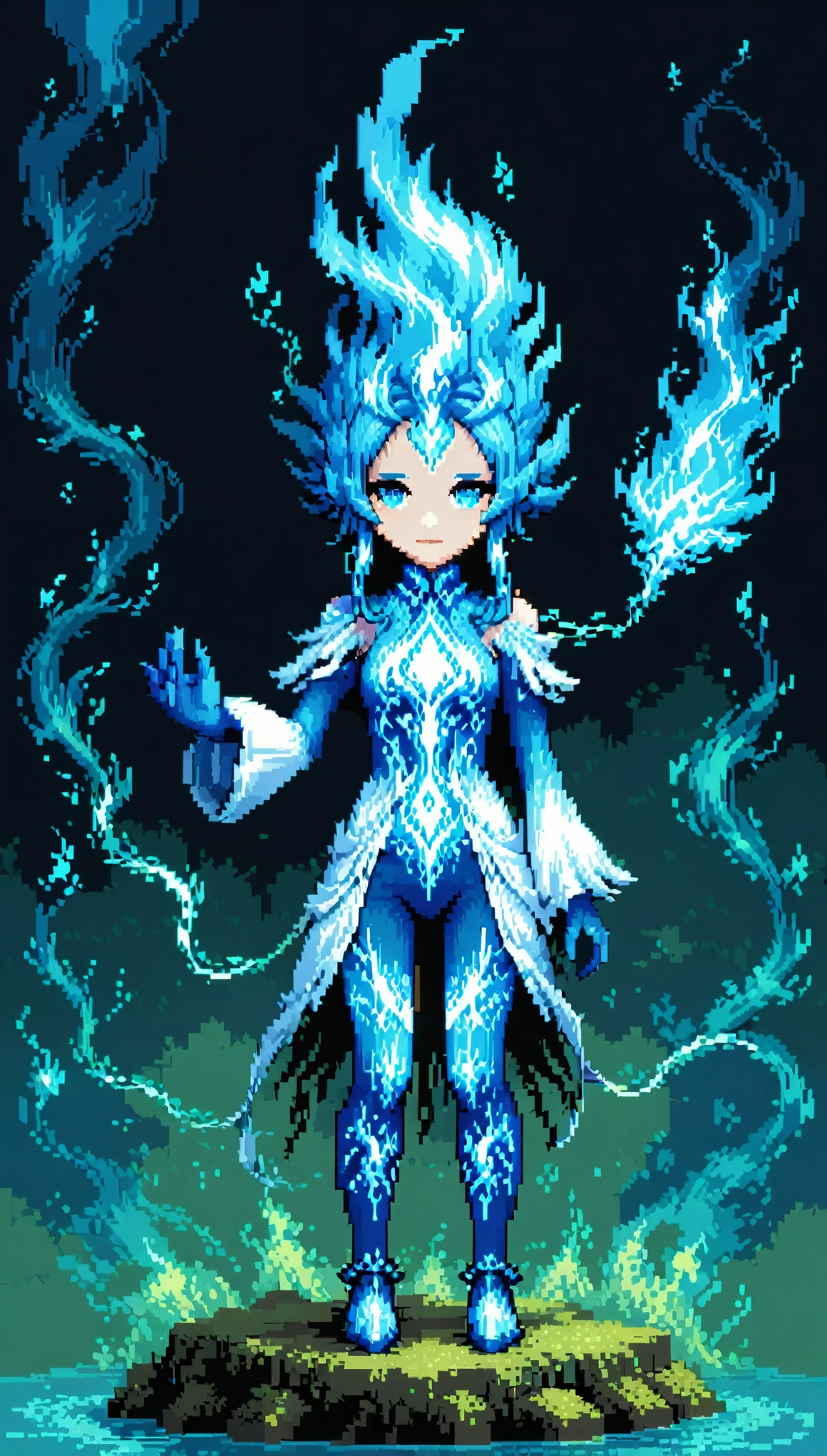 (Pixel art style:1.5),surrealist style,(depicting (((blue fire))) Elemental  figurine designed:1.2),character design by Liu Ye,Edwin Austin Abbey,
BREAK
long white hair,white eyes,white clothes,
BREAK
(pose:1.4),(the lines of movement of the wind:1.4),simple background,(elementalized body:1.1),ring lightning,