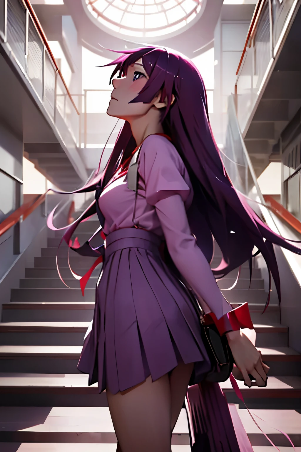 Senjougahara Hitagi, Senjogahara, Hitagi, student, long hair, coming down from the school's grand staircase, looking up