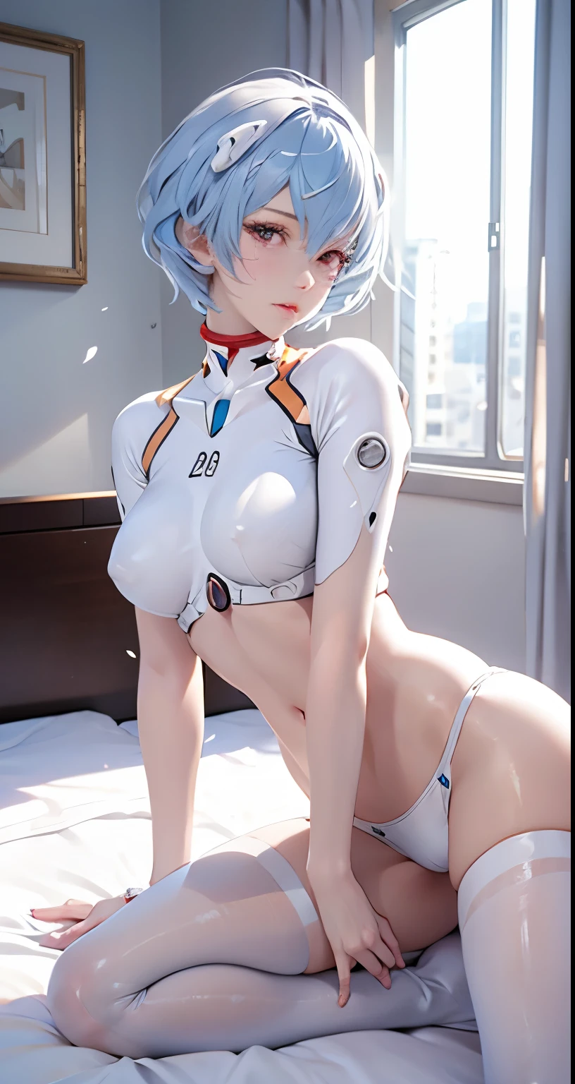 (Realistic, photoRealistic), ayanami, One Girl, Blue Short Hair, White hair ornament, (((White underwear,Sexy pose,On the bed)))), Sit on the ground, (Cowboy Shot),(Tabletop, high quality, 最high quality), (colorful),(Delicate eyes and face), Volumetric Light, Ray Tracing, Highly detailed CG Unity 8k wallpaper,alone((Flying petals)),indoor, ((Neon Trim)),frontage,(Spread your legs)