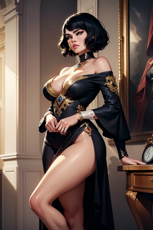 In an 8k panorama, a striking, 2.12m tall beauty stands majestically, her chanel bobcut black hair falling in soft waves. Dressed in executive clothes, the outfit is intricately detailed, exuding elegance and sophistication. The digital photography artistry, reminiscent of the work by Artgerm, Dan Decarlo, and Jorge Petty, carries a distinct pin-up style that accentuates her femininity. Her regal posture and confident gaze suggest a woman of power and grace. The image, rendered in high resolution, is a stunning piece that captivates the audience with its sharp details and vibrant colors. The background, a blend of