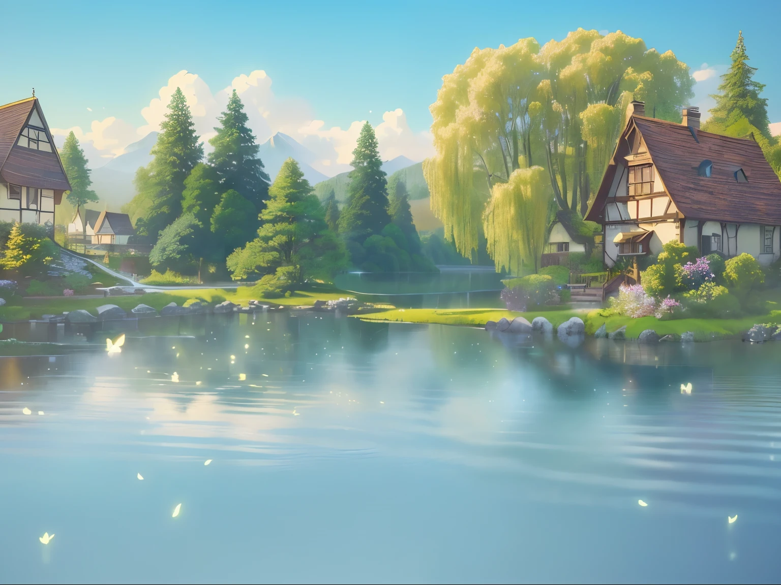 A painting with a small lake、A house and a tree, background technologywork, Fairy tale style background, anime rural scenery, Beautiful fairy tale, Stylized as 3D rendering, background technology, Animation stills, Whimsical fantasy landscape art, Realistic establishing shots, Fantasy painting，Lovely, Detailed scenery —width 672, 3D rendering style, Official illustrations