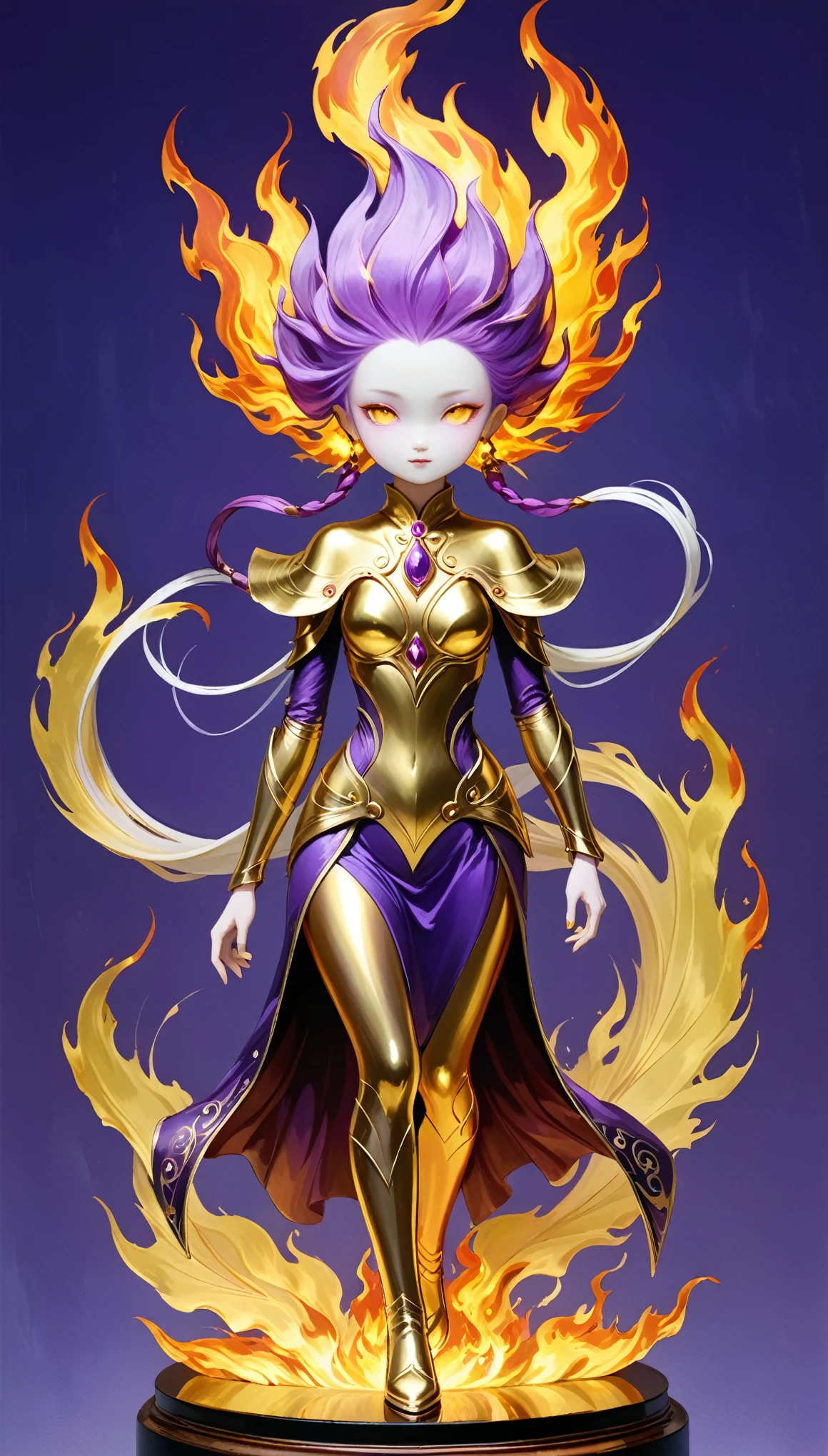 surrealist style,(depicting (((Purple-gold fire))) Elemental  figurine designed:1.2),character design by Liu Ye,Edwin Austin Abbey,
BREAK
long white hair,white eyes,white clothes,
BREAK
(pose:1.4),(the lines of movement of the wind:1.4),simple background,(elementalized body:1.1),ring lightning,