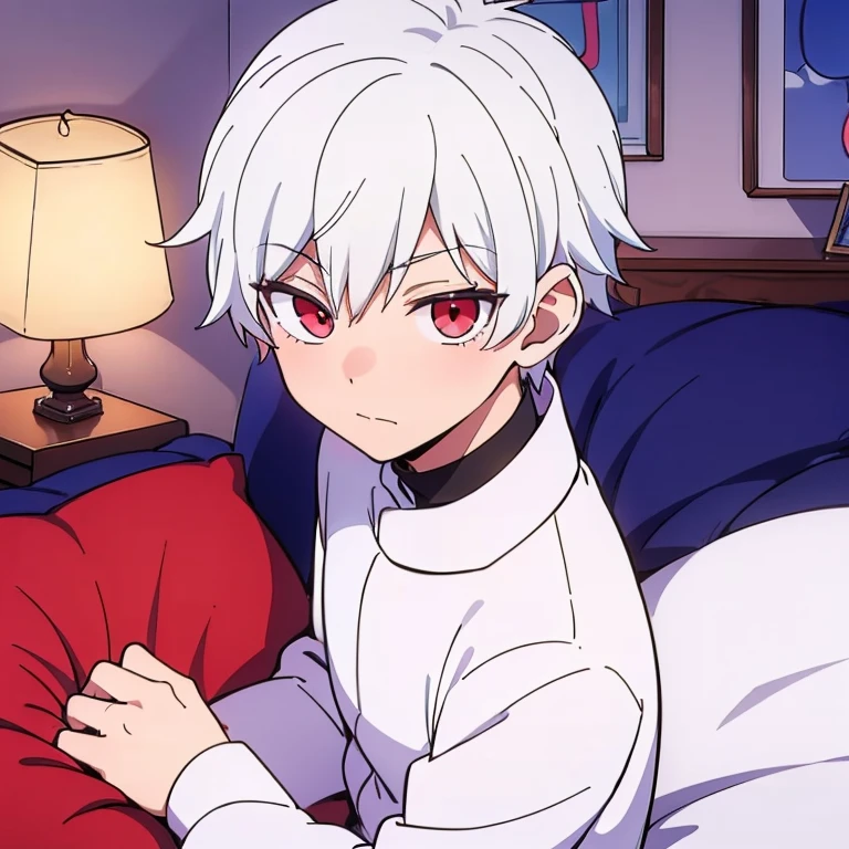 Chico adolecente sentada en una cama mirando hacia una ventana con un poco de sonrojo en su cara, The boy was a bit feminine and had red eyes and white hair.