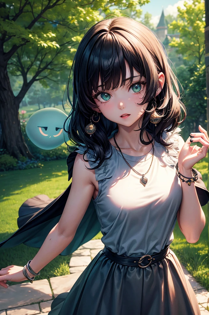 mj3D style,3Dmm,3D,(masterpiece, best quality:1.1), Ghibli style, mulberry (Ghost Princess), 1 Girl, armband, Bangs, Black Hair, black undershirt, breast, cape, a roundabout, earrings, Face painting, Flowing hair, forest, fur cape, Green Eyes, jewelry, Looking at the audience, medium breast, nature, necklace, outdoor, parted Bangs, shirt, short hair, sleeveless, sleeveless shirt, Solitary, tooth necklace, Tree, Upper Body, white shirt
