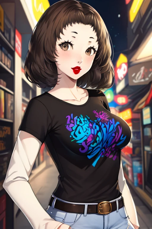 Saori hasegawa, 1girl, solo, light brown hair, black t-shirt, white shirt, blue jeans, belt, lipstick, large breasts, layered sleeves