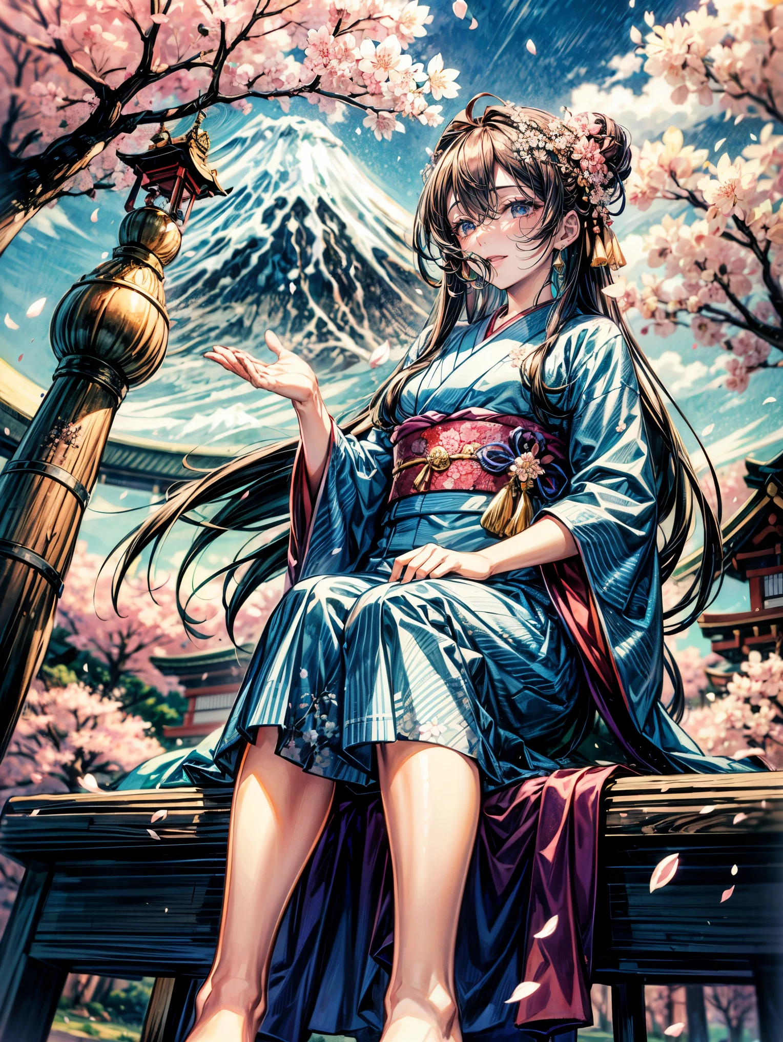 masterpiece,highest quality,Ultra high definition,Sakuyahime, Japanese mythology, cherry blossom spirit, God of Mt. Fuji, long cherry blossom-colored hair, cherry blossom-colored eyes, kimono with flowers, cherry blossom crown, foot of Mt. Fuji, under cherry blossom tree, announcing the coming of spring, gentle smile,Angle from below