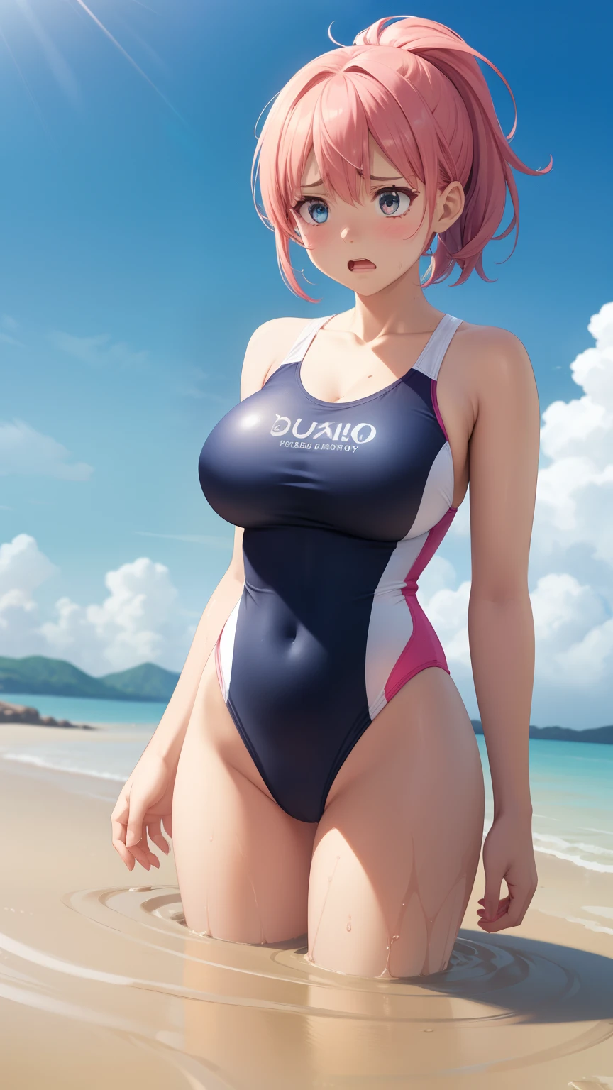 1girl, natural lighting, masterpiece, highly detailed, illustration, game CG, absurdres, high quality, aichan, large breasts, beautiful detailed eyes, short bright pink hair, ponytail, bangs, upset, scared, frilly one piece swimsuit, collarbone, beach, (quicksand)