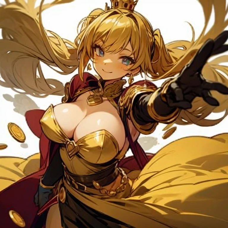 Masterpiece, best quality, expressive eyes, perfect face, anime drawing depicting a woman in a fancy dress and gold coins falling, 1girl, solo, breasts, coin, large breasts, gloves, smile, elbow gloves, golden dress, crown, twintails 