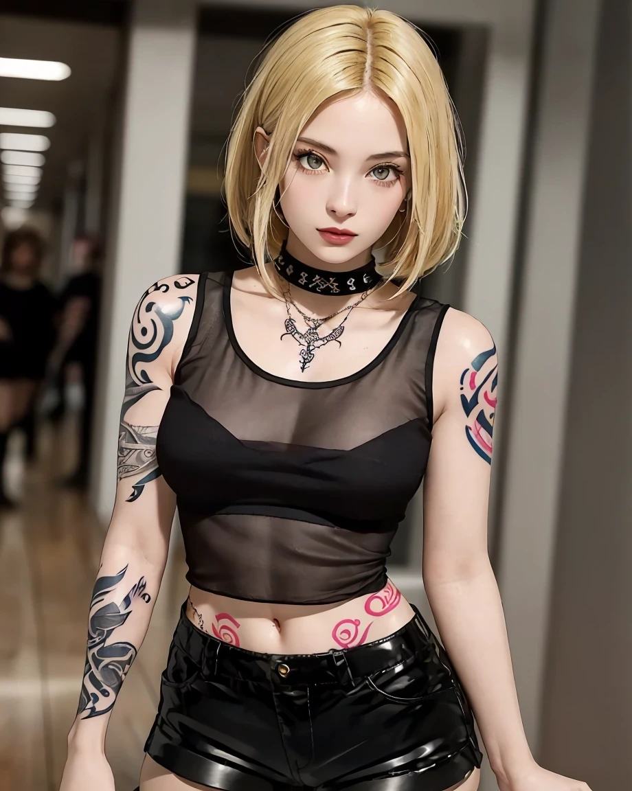 (Browsing Caution:0.7), Perfect Style, Beautiful Face, Highly detailed face and skin texture, (Maximum resolution: 1.2), 1 female,Hip Up, jewelry, (((He has many tattoos all over his body)), Streetwear, (((Tight shorts))), blonde, (((Tight waist))), ((Big Breasts)),(See-through)