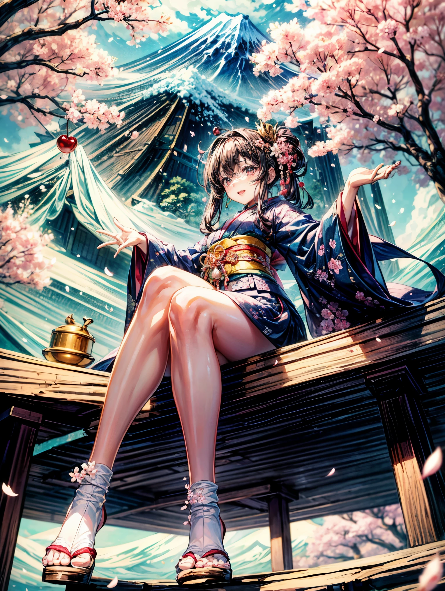 masterpiece,highest quality,Ultra high definition,Sakuyahime, Japanese mythology, cherry blossom spirit, God of Mt. Fuji, long cherry blossom-colored hair, cherry blossom-colored eyes, kimono with flowers, cherry blossom crown, foot of Mt. Fuji, under cherry blossom tree, announcing the coming of spring, gentle smile,Angle from below
