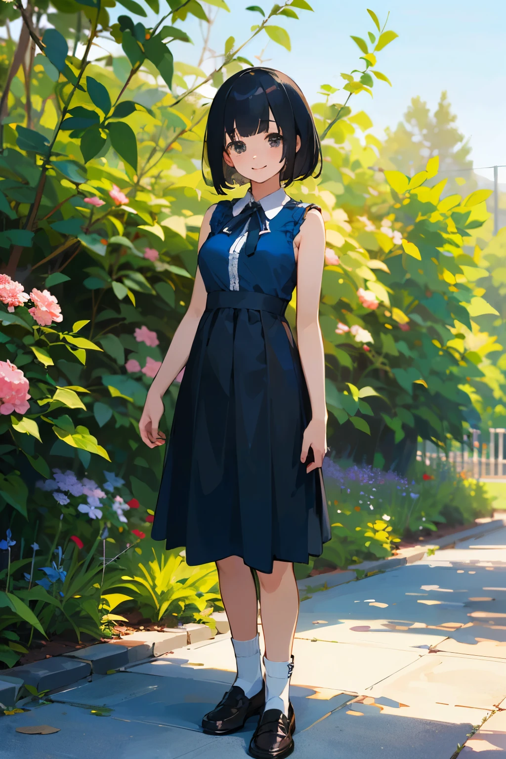 (high quality, High resolution, Very detailed, reality:1.37), Peaceful atmosphere, (Outdoor, garden), Teenage girl standing alone, (my breasts are big.), Beautiful details, Cute Smile, (Black bob hair), Blue sleeveless dress, socks, loafers.