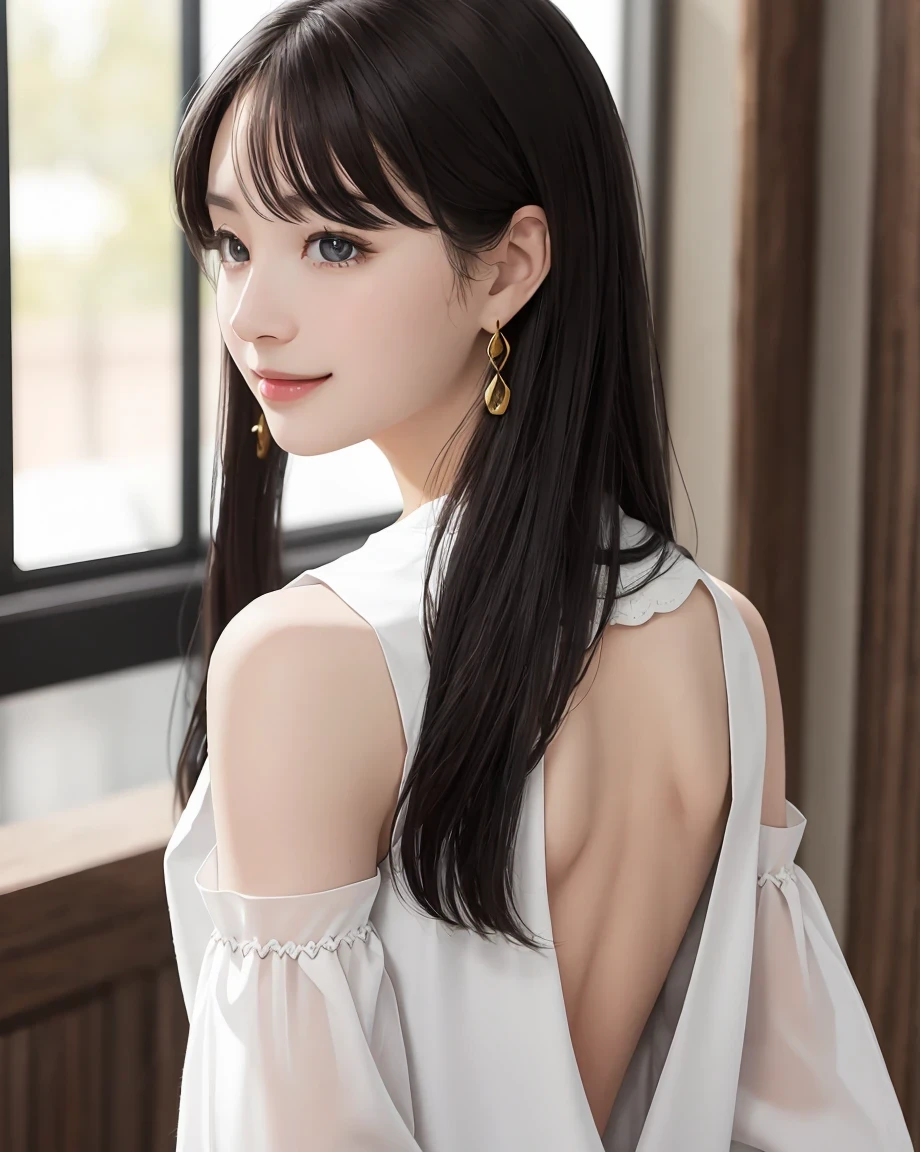 View from behind、(Realistic painting style:0.9), Tabletop, highest quality, Absurd, View your viewers, alone, Red pupils, One Girl, alone, chest, Long Hair, dress, Grey Hair, Chest cleavage, View your viewers, smile, Mouth closed, bangs, Grey Eyes, jewelry, One-handed gloves, Earrings, Mini White dress, gloves, Exposing shoulders, No sleeve, Drill Hair, No sleeve, Single Sleeve, Hair between the eyes, Big chest, Twin Drill, White sleeves, hair ornaments, Unipolar Drone, View from behind