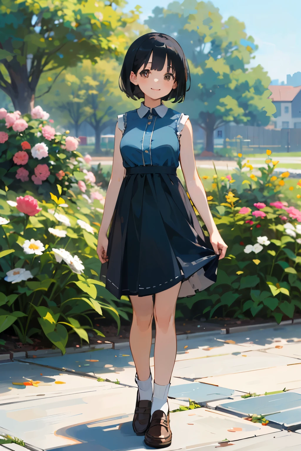 (high quality, High resolution, Very detailed, reality:1.37), Peaceful atmosphere, (Outdoor, garden),  girl standing alone, (my breasts are big.), Beautiful details, Cute Smile, (Black bob hair), Blue sleeveless dress, socks, loafers.