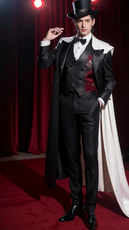 (8k, RAW Photos, highest quality, masterpiece: 1.2), Very detailed, Super Resolution, (Genuine, Genuine photos: 1.37),
The magician's attire is both elegant and enchanting. He dons a perfectly fitted black tailcoat with satin lapels, adding a touch of old-world sophistication. Underneath, he wears a crisp white dress shirt, fastened with polished silver cufflinks that glint in the light. Her vest is a deep, rich burgundy, embroidered with subtle, intricate patterns that catch the eye. A matching silk bow tie adorns his neck, complementing the vest. His trousers are neatly pressed, leading down to shiny black patent leather shoes that reflect the stage lights. Completing his ensemble is a flowing black cape, lined with red satin, which he flourishes dramatically with every movement. The final touch is his classic black top hat, tilted slightly, adding a hint of mystery to his charismatic presence.