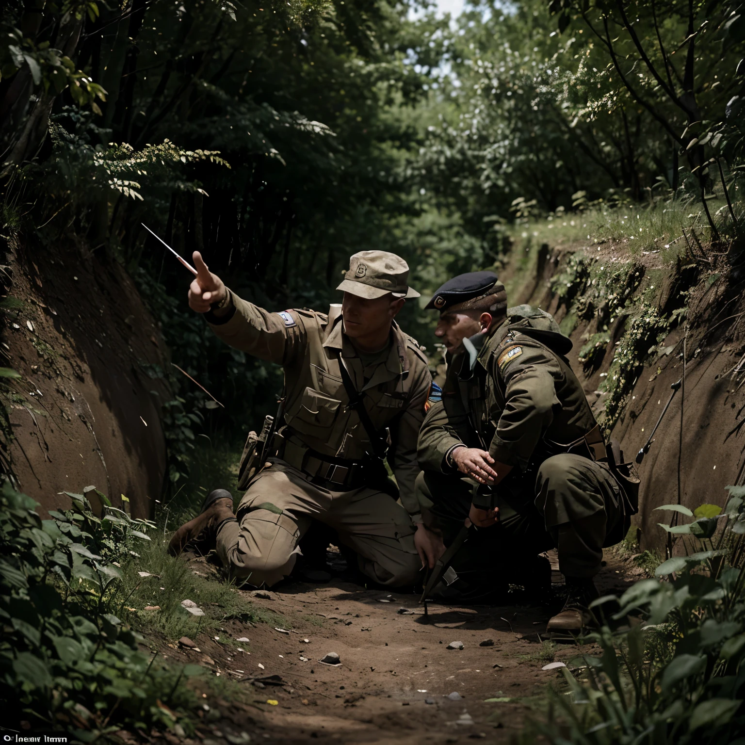 generates an image of 2 soldiers in a trench, one is wounded, the other heals him while pointing the finger at death