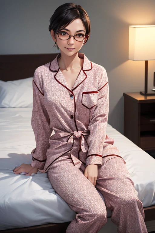 (masterpiece, highest quality), One Girl,  Satou, Satou, Glasses, pajamas, Satou, Glasses, 赤いフレームのGlasses, In bed:1.5,Head to waist,Hotel Rooms,pajamas姿,