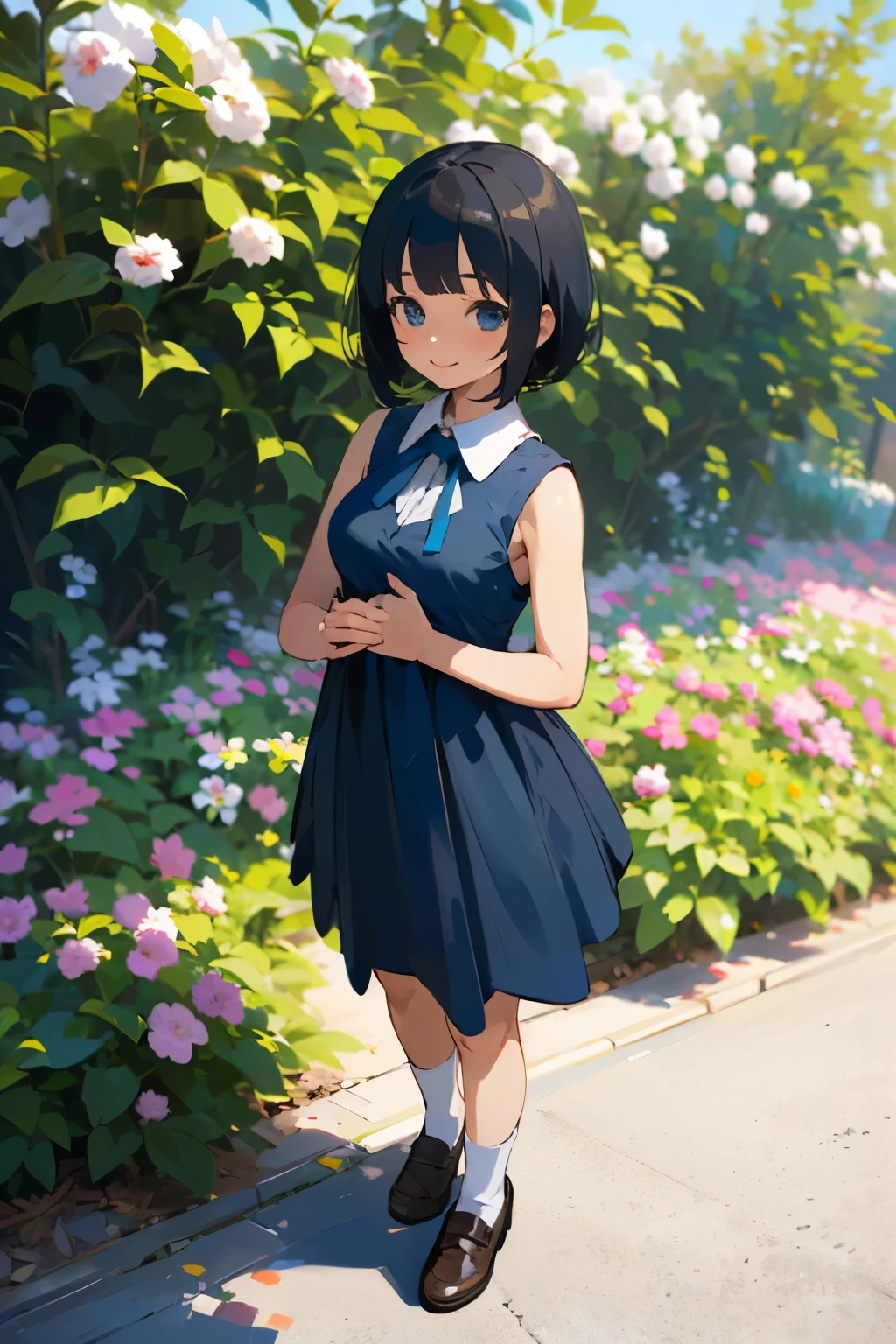 (high quality, High resolution, Very detailed, reality:1.37), Peaceful atmosphere, (Outdoor, garden), Teenage girl standing alone, (my breasts are big.), Beautiful details, Cute Smile, (Black bob hair), Blue sleeveless dress, socks, loafers.