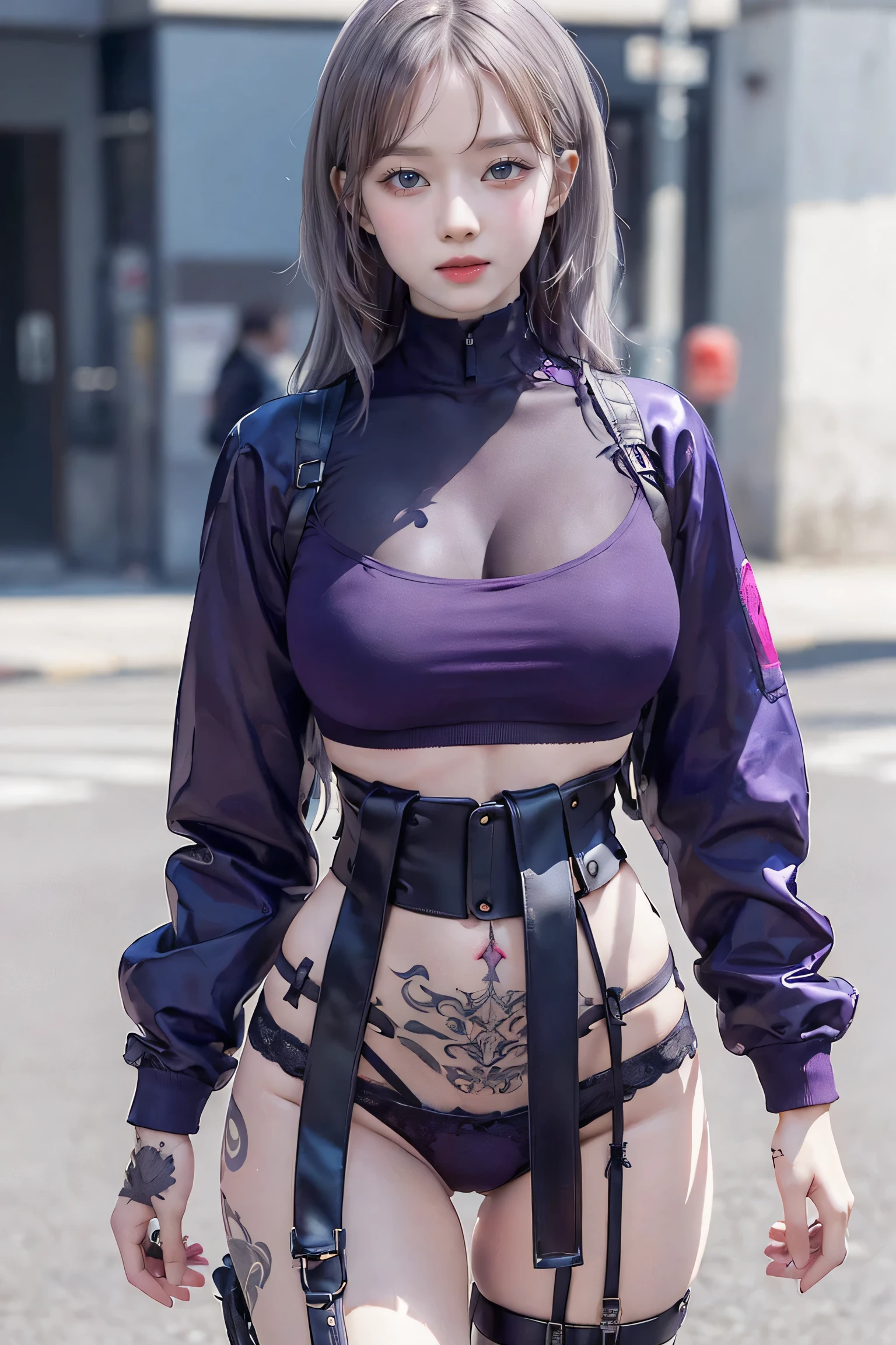 One Girl, Gray Hair, Long Hair, Techwear masterpiece, highest quality, Realistic, Dark purple jacket, Portraiture, fine grain, Platinum Hair, 21 year old girl, Fashion pose, Half Body, Wide Shot, on the road, cyber punk,(((He has many tattoos all over his body)), (((Tight waist))), ((Big Breasts)),(See-through)，panties