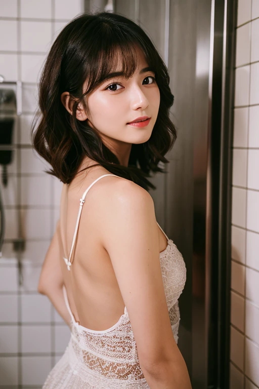 Camisole４０Woman in her 20s、Bathroom、While I was putting my hands on the wall and taking a shower、Erotic appearance、Rear view、The way she looks back is sensual、mouth ajar
