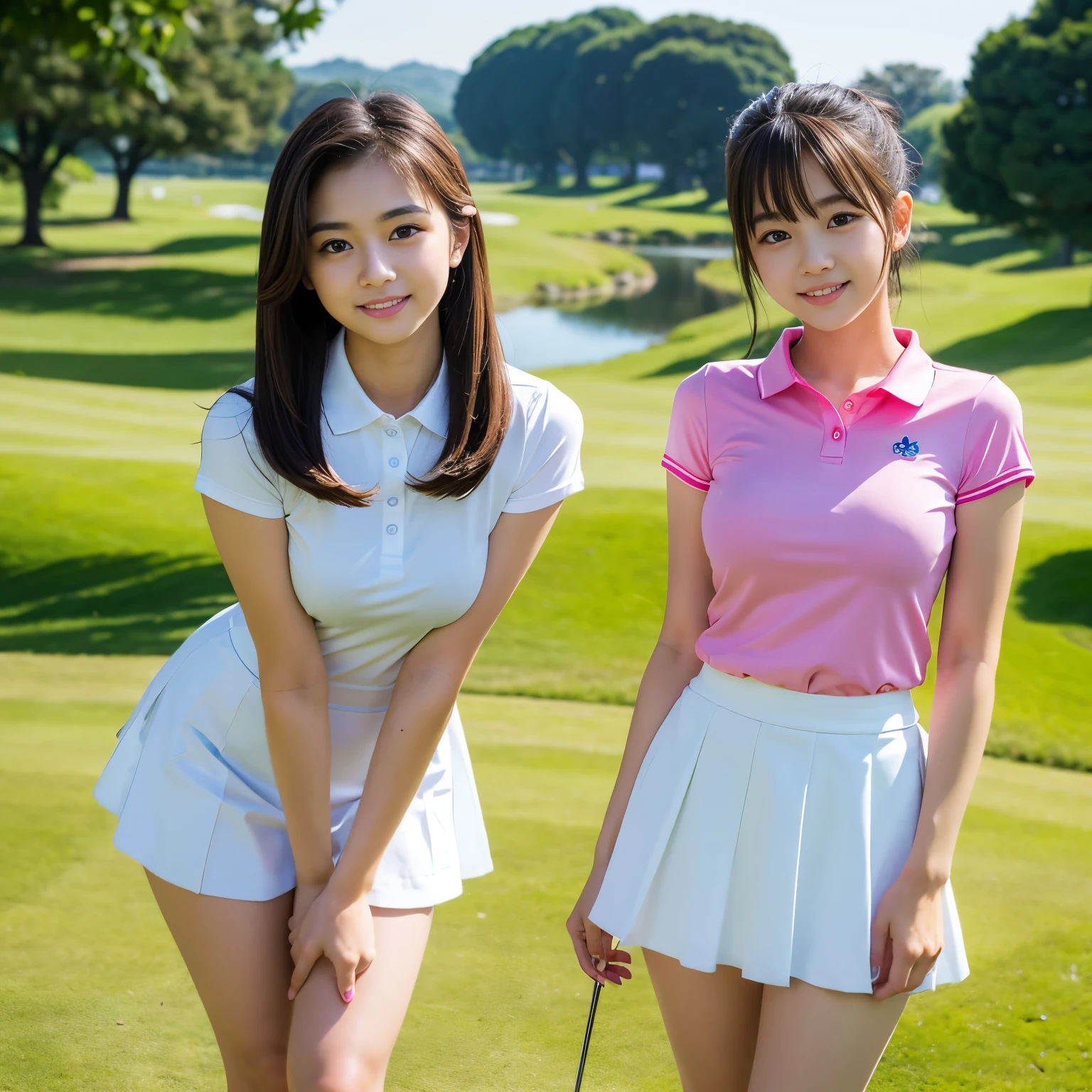 (Best-quality, Masterpiece, Ultra-High-Resolution, (Photorealistic:1.4), Raw Photo,  depth of field, professional lighting, perfect anatomy, extremely details), 1girl, 15-years-old, the most famous Japanese idol, wearing golf-wear with cute-design over gorgeous-underwear, in golf course, ((extremely cute face, ((extremely cute and extremely big eyes)), extremely cute hairstyle, extremely beautiful skins)), extremely cute long-eyelashes, extremely cute lips, childish body, extremely beautiful thighs, extremely beautiful legs, innocent smile, looking at viewer, dynamic-pose, detailed golf-wear, detailed golf-course