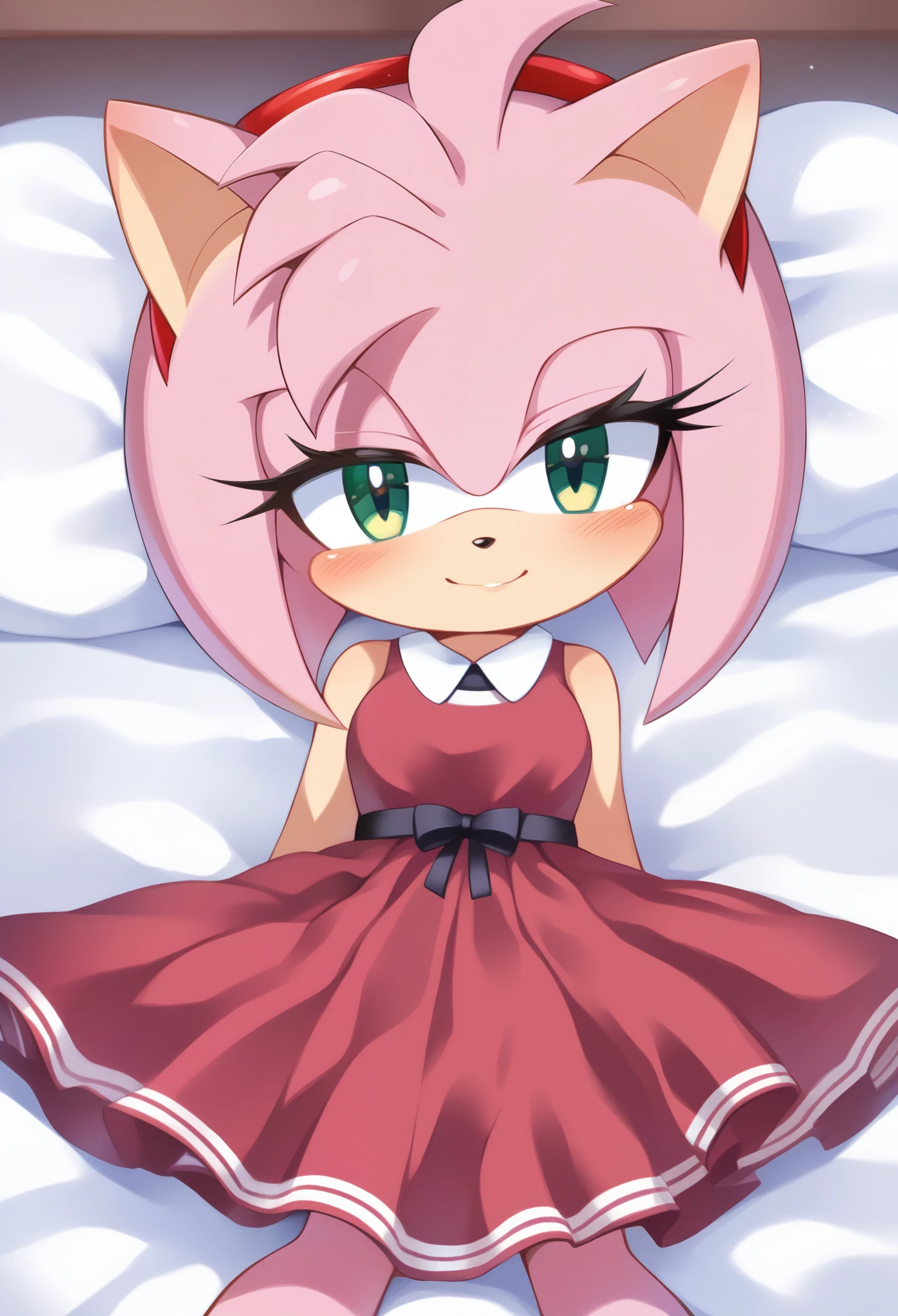 score_9, score_8_up, score_7_up, rating_safe, female, Amy rose, by Akami Mirai, solo, dress, pink skin, looking at viewer, bedroom, lying, blush, 