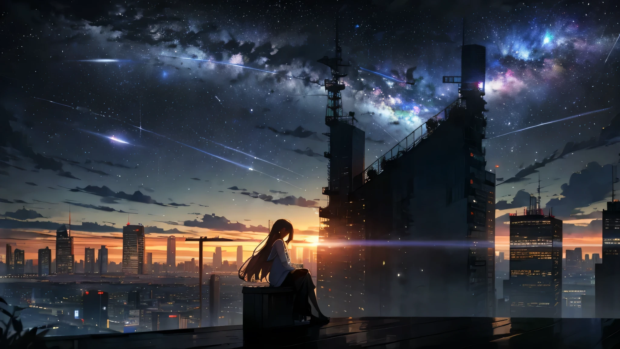 null, star (null), scenery, starry null, night, One girl, night null, alone, Outdoor, building, cloud, milky way, Sitting, wood, Long Hair, city, silhouette, cityscape