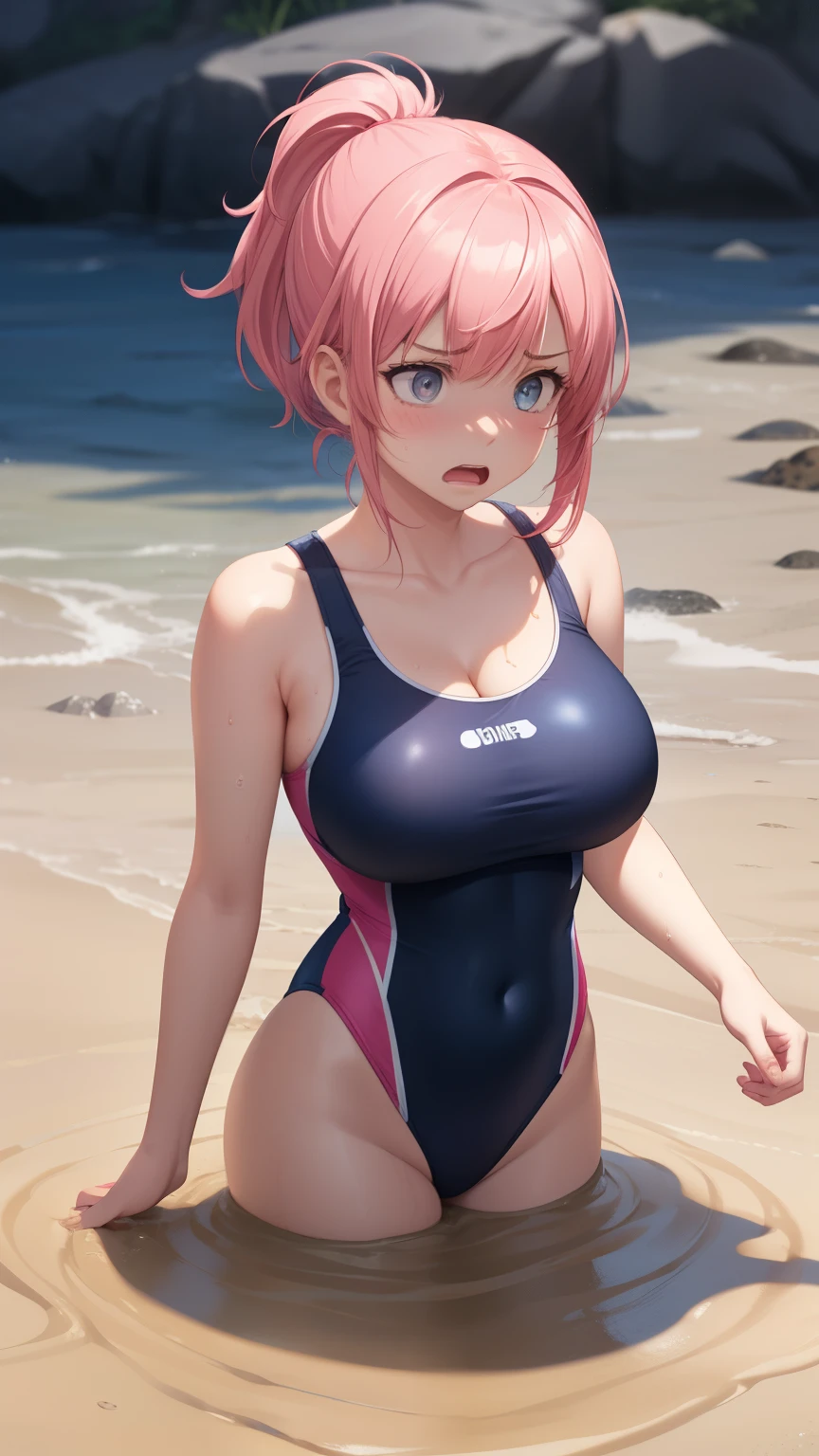 1girl, natural lighting, masterpiece, highly detailed, illustration, game CG, absurdres, high quality, aichan, large breasts, beautiful detailed eyes, short bright pink hair, ponytail, bangs, upset, scared, frilly one piece swimsuit, collarbone, beach, (quicksand:1.2)