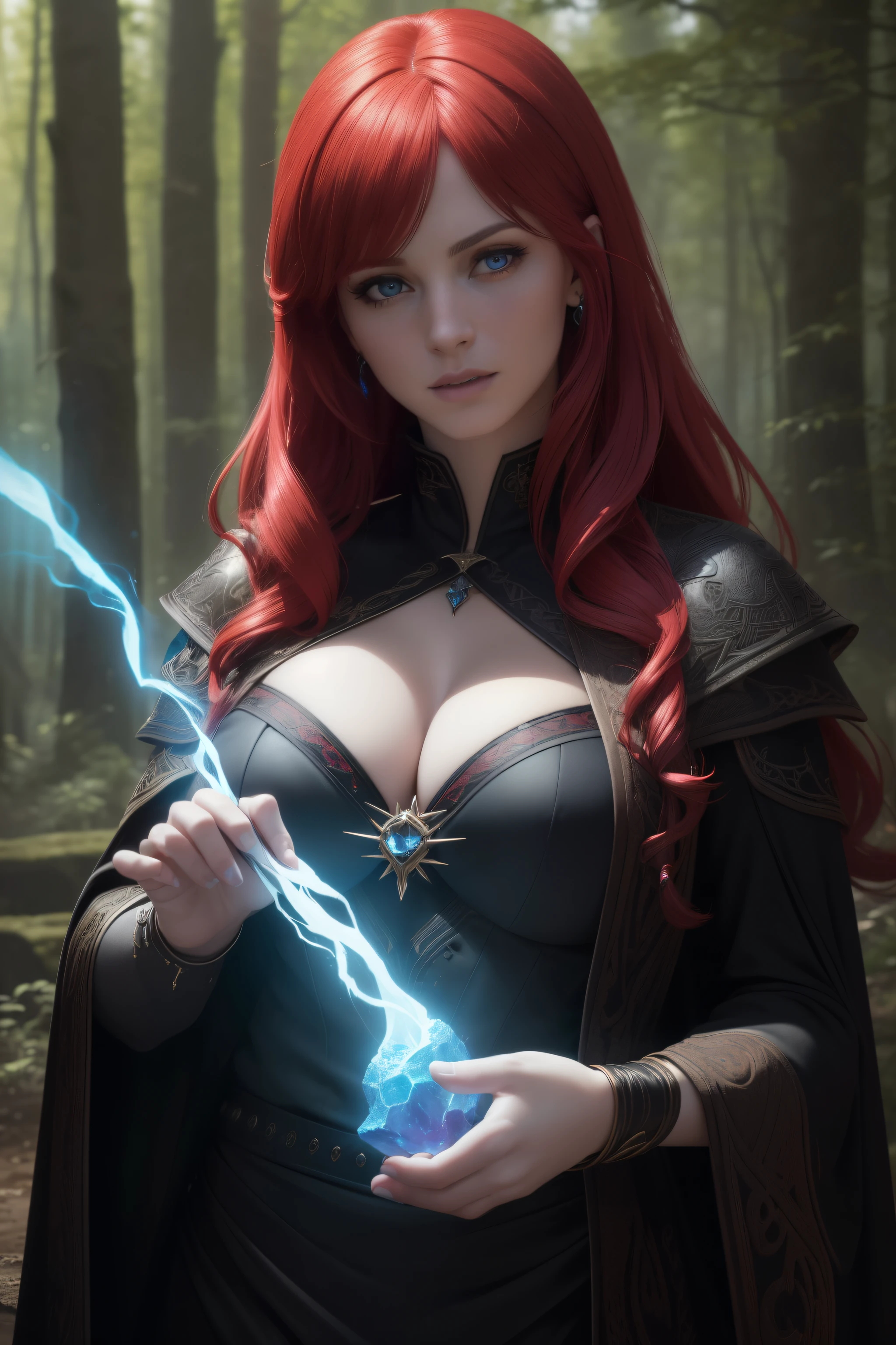 (best quality,4k,8k,highres,masterpiece:1.2),ultra-detailed,(realistic,photorealistic,photo-realistic:1.37), a powerful Sorceress with scarlet hair and piercing blue eyes, black clothes, casting spells in a mystic forest, dark magic