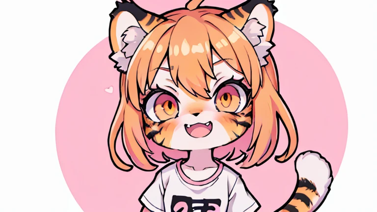 (masterpiece, High quality, Best quality, 8k, High resolution), ((chibii style, chibi cute)), (solo, 1 kid girl), {tiger girl, tiger face, 2 fangs, long eyelashes, eyeliner} {tiger whiskers}, (((Tiger skin all over the body, Tiger stripes on the body))), (orange hair), short hair, hair clip, [[hair clip white flower on hair]], ((very happy)), ((open mouth)), orange eyes, [black pupile], ((looking up)), (very small breasts), thin arms, (one Arm up, one arm down), armpits, ((mini pink T-shirt, full pink T-shirt)), {white shorts}, {{{mini tiger Tail, Tail on the back}}}, (full body), (((standing, jumping chopped angle))), dynamic pose, white background, simple background, ((((Tora-chan no Hanayome style)))), (old anime 40s style), anime style, anime color.