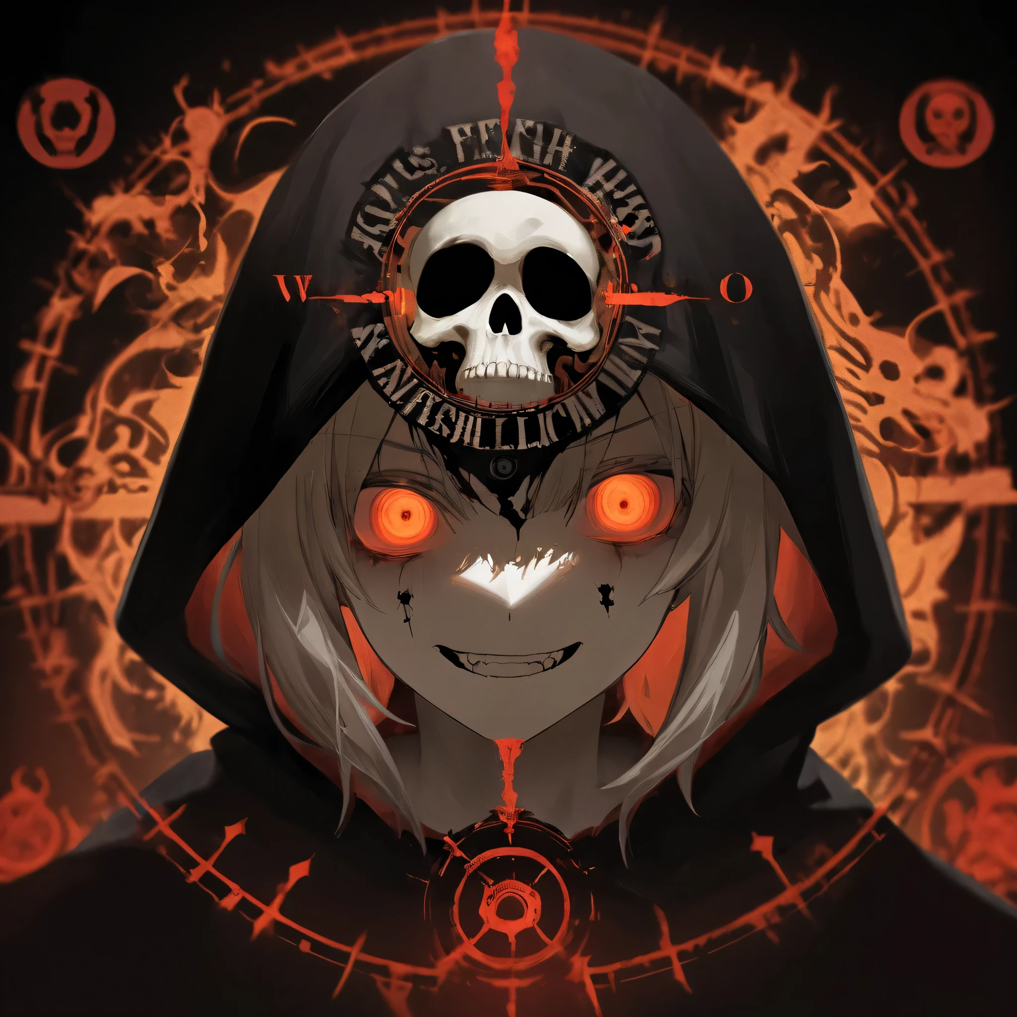 A mesmerizing dark fantasy illustration featuring a sinister grim reaper with a skull face, his hollow sockets emitting a chilling gaze. Clad in a hooded, tattered cloak, the figure exudes menace with a glowing red and black fire aura surrounding his face. His unwavering aggression is palpable, as he grins menacingly. The background is a kaleidoscope of dark, swirling shapes, creating a sense of chaos and evil. This captivating composition skillfully combines creepiness with ethereal qualities, resulting in a vibrant, vivid display. The high-quality 3D animation, portrait photography, and typography enhance the cinematic experience, making it an unforgettable visual masterpiece., illustration, cinematic, vibrant, portrait photography, typography, dark fantasy, 3d render