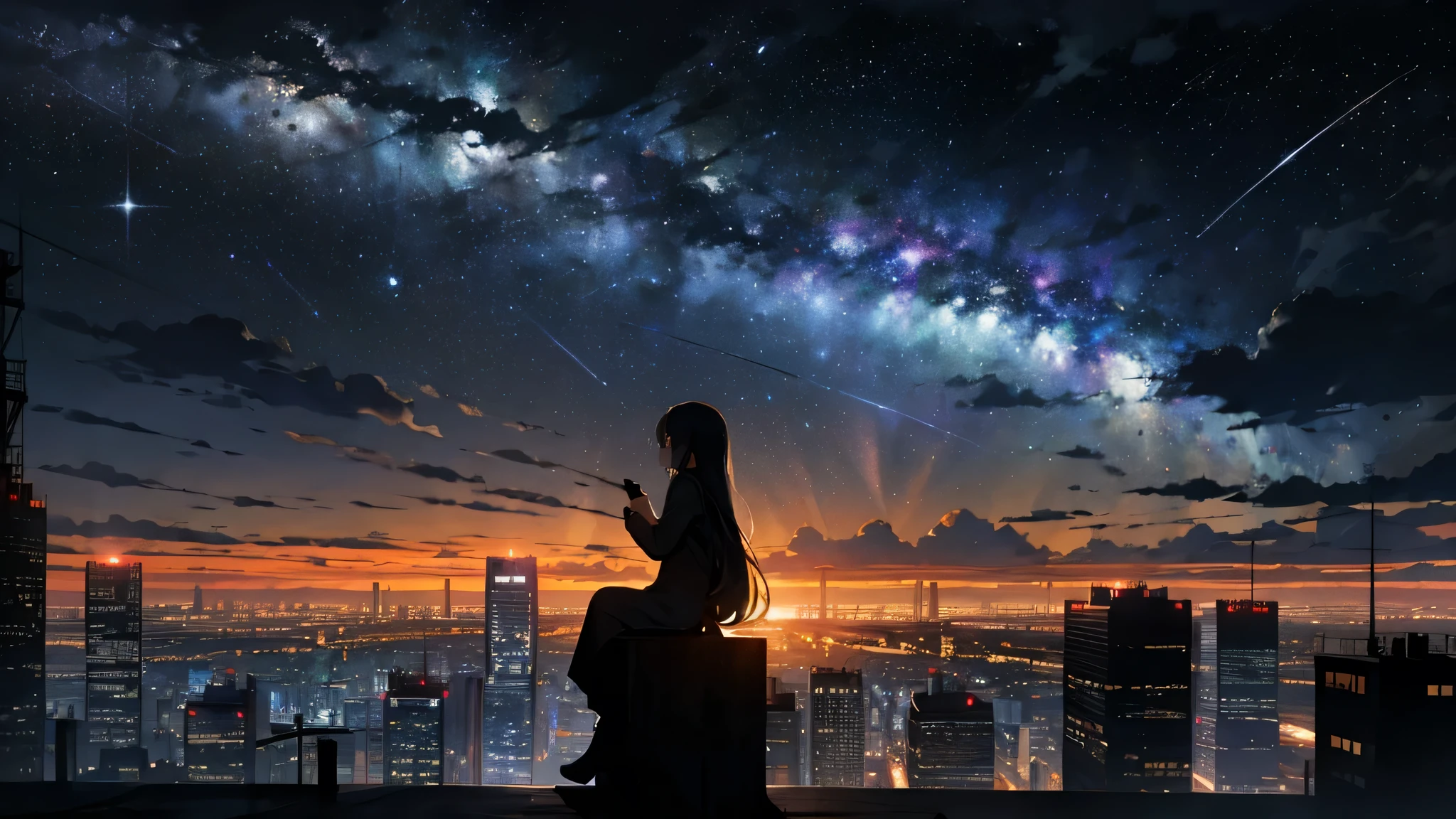 null, star (null), scenery, starry null, night, One girl, night null, alone, Outdoor, building, cloud, milky way, Sitting, wood, Long Hair, city, silhouette, cityscape