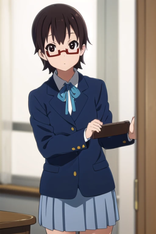 nodokamanabe, nodoka manabe, short hair, brown hair, (brown eyes:1.5), glasses, semi-rimless eyewear, red-framed eyewear, under-rim eyewear,
BREAK sakuragaoka high , , uniform, blazer, shirt, white shirt, collared shirt, skirt, pleated skirt,
BREAK indoors, classroom,
BREAK looking at viewer, (cowboy shot:1.5),
BREAK (masterpiece:1.2), best quality, high resolution, unity 8k wallpaper, (illustration:0.8), (beautiful detailed eyes:1.6), extremely detailed face, perfect lighting, extremely detailed CG, (perfect hands, perfect anatomy),