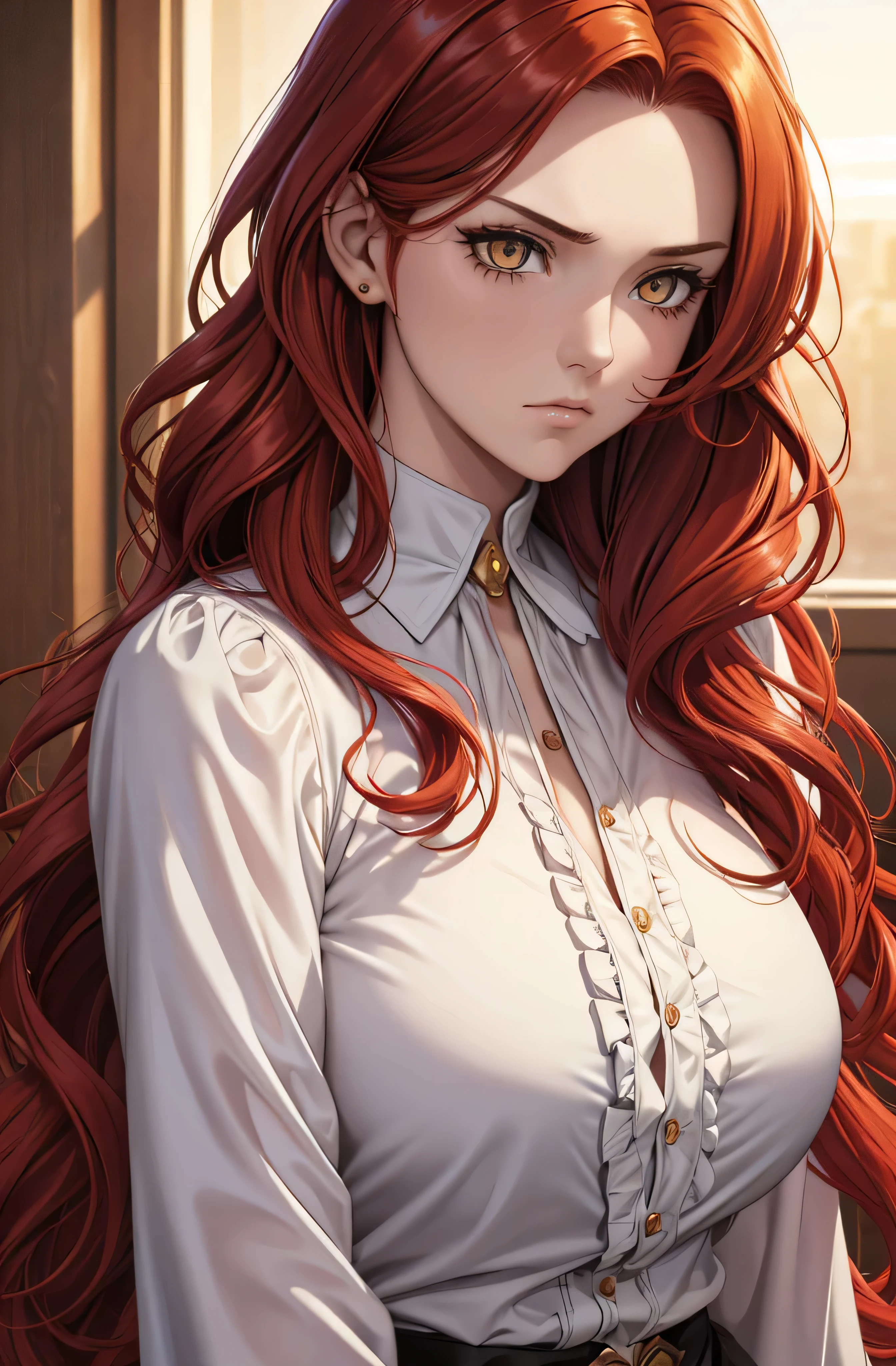 Close up photo of 1 girl with red hair, photo focus on face, yellow-white eyes, long hair, wavy hair, background golden hour, null, White blouse with ruffles, tattoo on neck, fierce expression, small breast