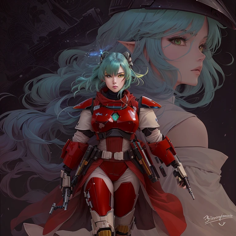 anime - style illustration of a female character with a mandalorian and a red outfit, red and cyan, viridian and venetian red, anime in fantasy style, v from mandalorian as an elf, ghost in the shell art style, inspired by Shog Janit, coloured lineart, rogue anime girl, colored lineart, inspired in kris from star wars mandalorian green hair elf, eye yellow, mandalorian, Bergmann 1894 N blaster pistol.#1, Aira-ty Nokta girl