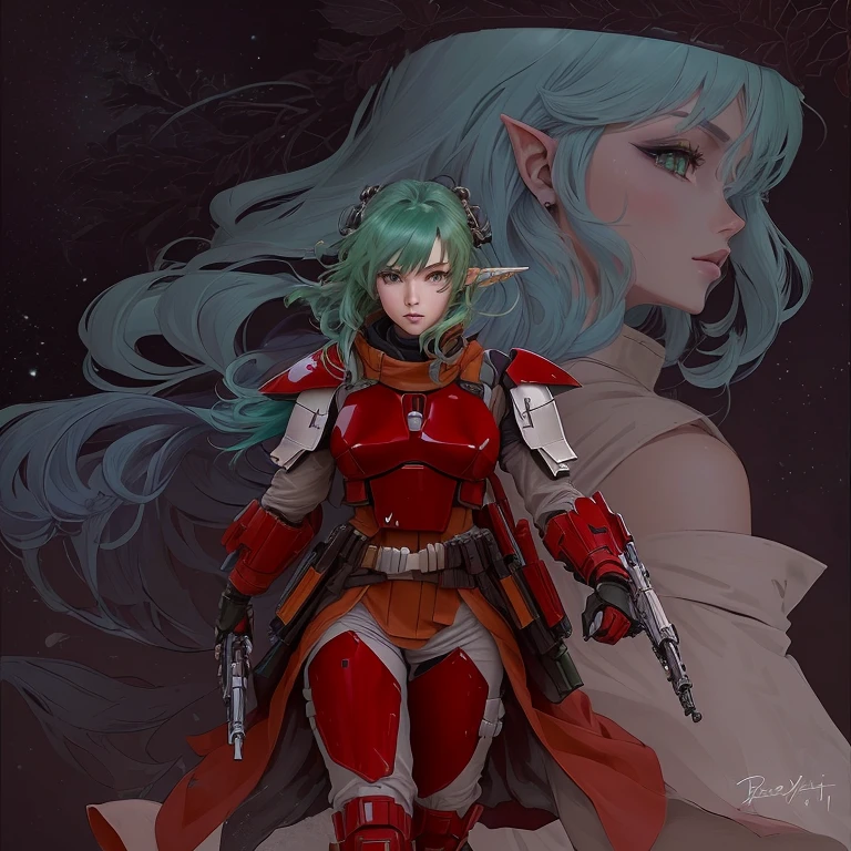 anime - style illustration of a female character with a mandalorian and a red outfit, red and cyan, viridian and venetian red, anime in fantasy style, v from mandalorian as an elf, ghost in the shell art style, inspired by Shog Janit, coloured lineart, rogue anime girl, colored lineart, inspired in kris from star wars mandalorian green hair elf, eye yellow, mandalorian, Bergmann 1894 N blaster pistol.#1, Aira-ty Nokta girl teen