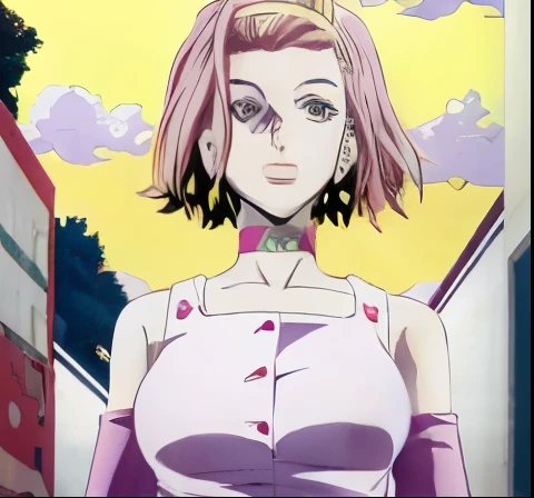 Girl with pink hair and brown eyes
