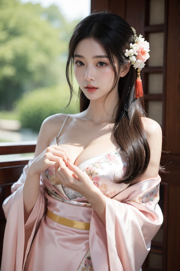 beautiful young korean,Light pink dress,Black Hair,The Peak, Ancient Chinese Clothing,Luxurious silk, Beautiful long flowing kimono, Hanfu,ancient chinese palace ， Flowing robe,best quality,Reality,Medium sized breasts,fantasy, Popular on cgstation, palace  ,thigh,One shoulder,clavicle,(((Large Breasts、Low-cut，Cleavage, Wide hips,)))Chinese style hairstyle