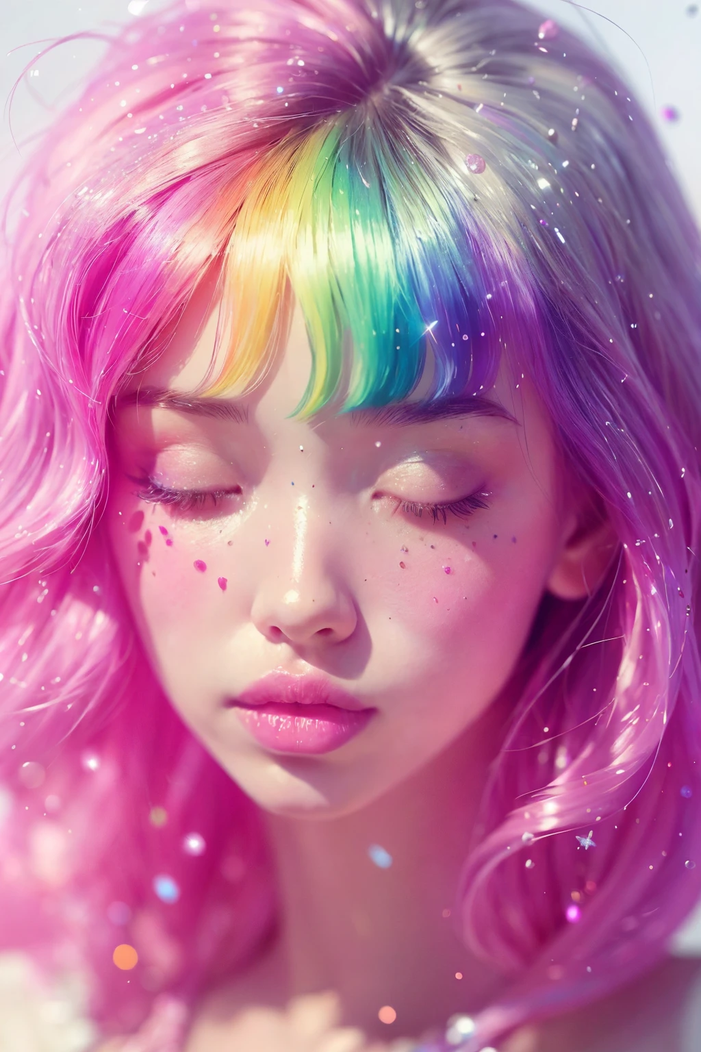 (This is a beautiful rainbow fantasy image that feels interesting and emphasizes glitter and iridescence.) Generate a ((blind)) curvy woman with colorful curly hair and milky white eyes. Her face is important and is perfectly formed with puffy lips and perfect features. (Her eyes are critically important and are (blank) and (solid white)). The image exudes ethereal beauty and soft fantasy. Include sweet and detailed birds and soft, luminous flowers in all the colors of the rainbow. The image's background is decorated in shades of pink, shimmer, glitter, and fantasy details like colored bubbles and cosmos. Utilize dynamic composition to create a compelling and action-packed image. Dramatic lighting and cinematic lighting enhance the woman's beauty and the soft colors in the artwork. (((((Perspective: head on.))))) Include fantasy, cute, colorful, colourful, interesting magic background, ((((blank eyes)))), ((((empty white eyes)))), (shirome eyes:1.3), (smirking), (perfectly rendered solid whiteeyes), ((birthmark on lip)), ((pretty lips)), beautiful background, complex background, sweet background, (((rainbow)))