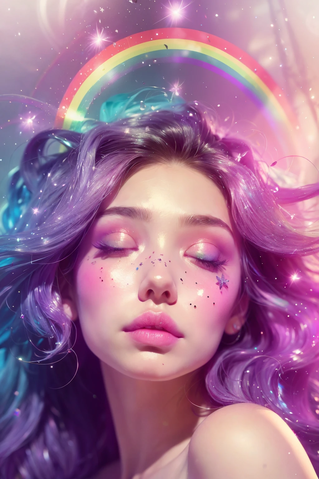 (This is a beautiful rainbow fantasy image that feels interesting and emphasizes glitter and iridescence.) Generate a ((blind)) curvy woman with colorful curly hair and milky white eyes. Her face is important and is perfectly formed with puffy lips and perfect features. (Her eyes are critically important and are (blank) and (solid white)). The image exudes ethereal beauty and soft fantasy. Include sweet and detailed birds and soft, luminous flowers in all the colors of the rainbow. The image's background is decorated in shades of pink, shimmer, glitter, and fantasy details like colored bubbles and cosmos. Utilize dynamic composition to create a compelling and action-packed image. Dramatic lighting and cinematic lighting enhance the woman's beauty and the soft colors in the artwork. (((((Perspective: head on.))))) Include fantasy, cute, colorful, colourful, interesting magic background, ((((blank eyes)))), ((((empty white eyes)))), (shirome eyes:1.3), (smirking), (perfectly rendered solid whiteeyes), ((birthmark on lip)), ((pretty lips)), beautiful background, complex background, sweet background, (((rainbow)))