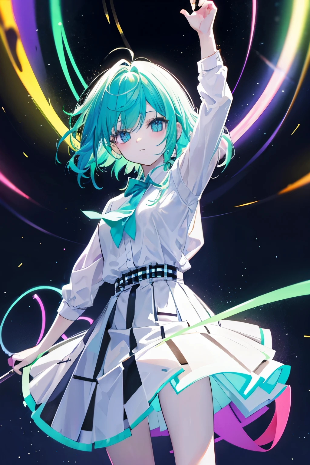 Glow sticks, choreographed dancing, in the dark, white shirt and colored checkered skirt, light trails.