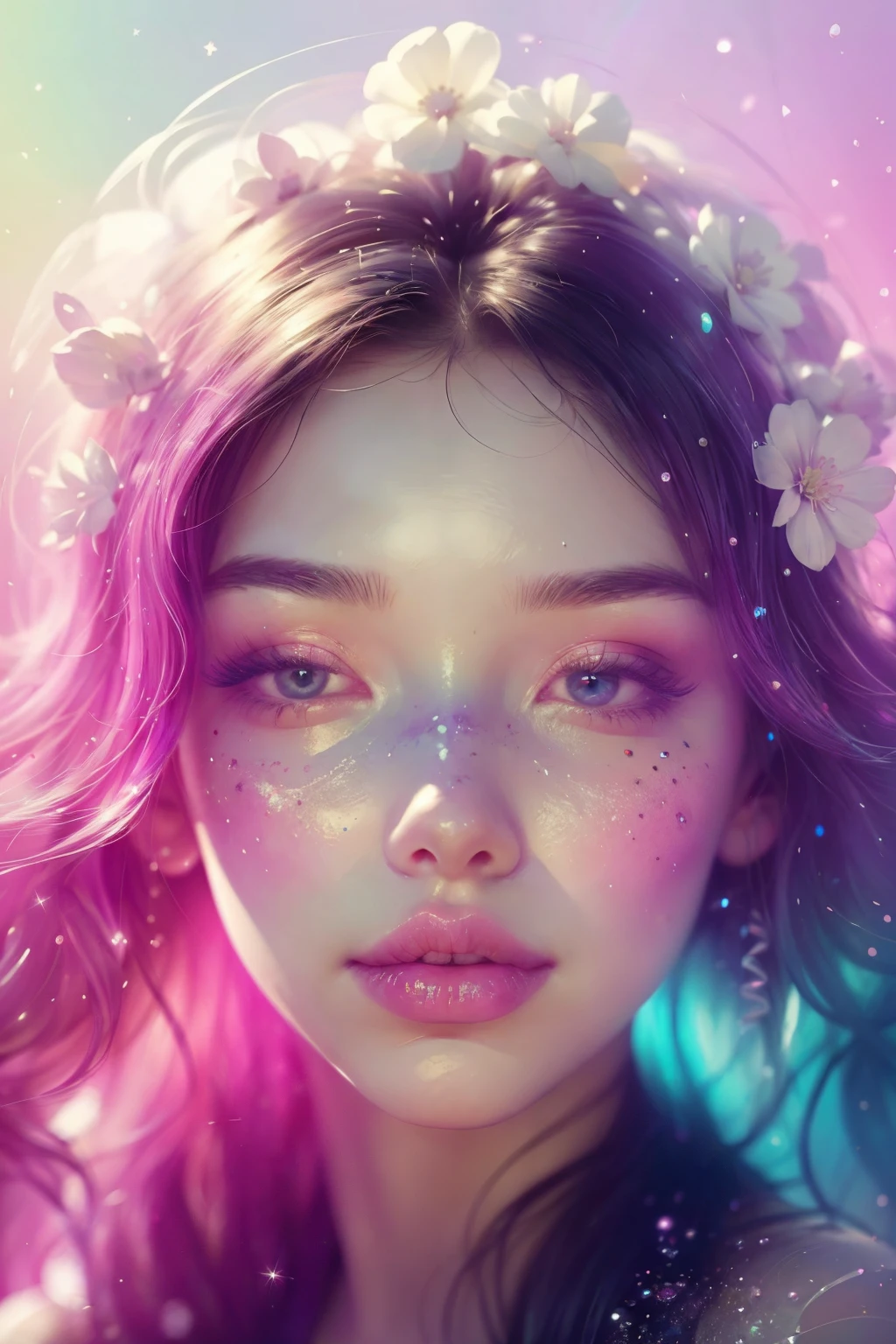 (This is a beautiful rainbow fantasy image that feels interesting and emphasizes glitter and iridescence.) Generate a ((blind)) curvy woman with colorful curly hair and milky white eyes. Her face is important and is perfectly formed with puffy lips and perfect features. (Her eyes are critically important and are (blank) and (solid white)). The image exudes ethereal beauty and soft fantasy. Include sweet and detailed birds and soft, luminous flowers in all the colors of the rainbow. The image's background is decorated in shades of pink, shimmer, glitter, and fantasy details like colored bubbles and cosmos. Utilize dynamic composition to create a compelling and action-packed image. Dramatic lighting and cinematic lighting enhance the woman's beauty and the soft colors in the artwork. (((((Perspective: head on.))))) Include fantasy, cute, colorful, colourful, interesting magic background, ((((blank eyes)))), ((((empty white eyes)))), (shirome eyes:1.3), (smirking), (perfectly rendered solid whiteeyes), ((birthmark on lip)), ((pretty lips)), beautiful background, complex background, sweet background, (((rainbow)))