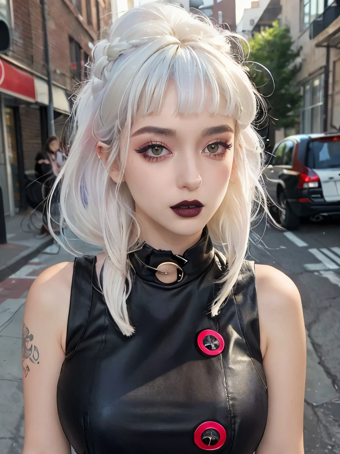  ((best quality)),((masterpiece)),((strikingly beautiful)), excited, pale skin, smoky eyes, vivid colors, punk clothing, rock hairstyle, black lips, abandoned street, body view, microbangs, huge breasts, white hair