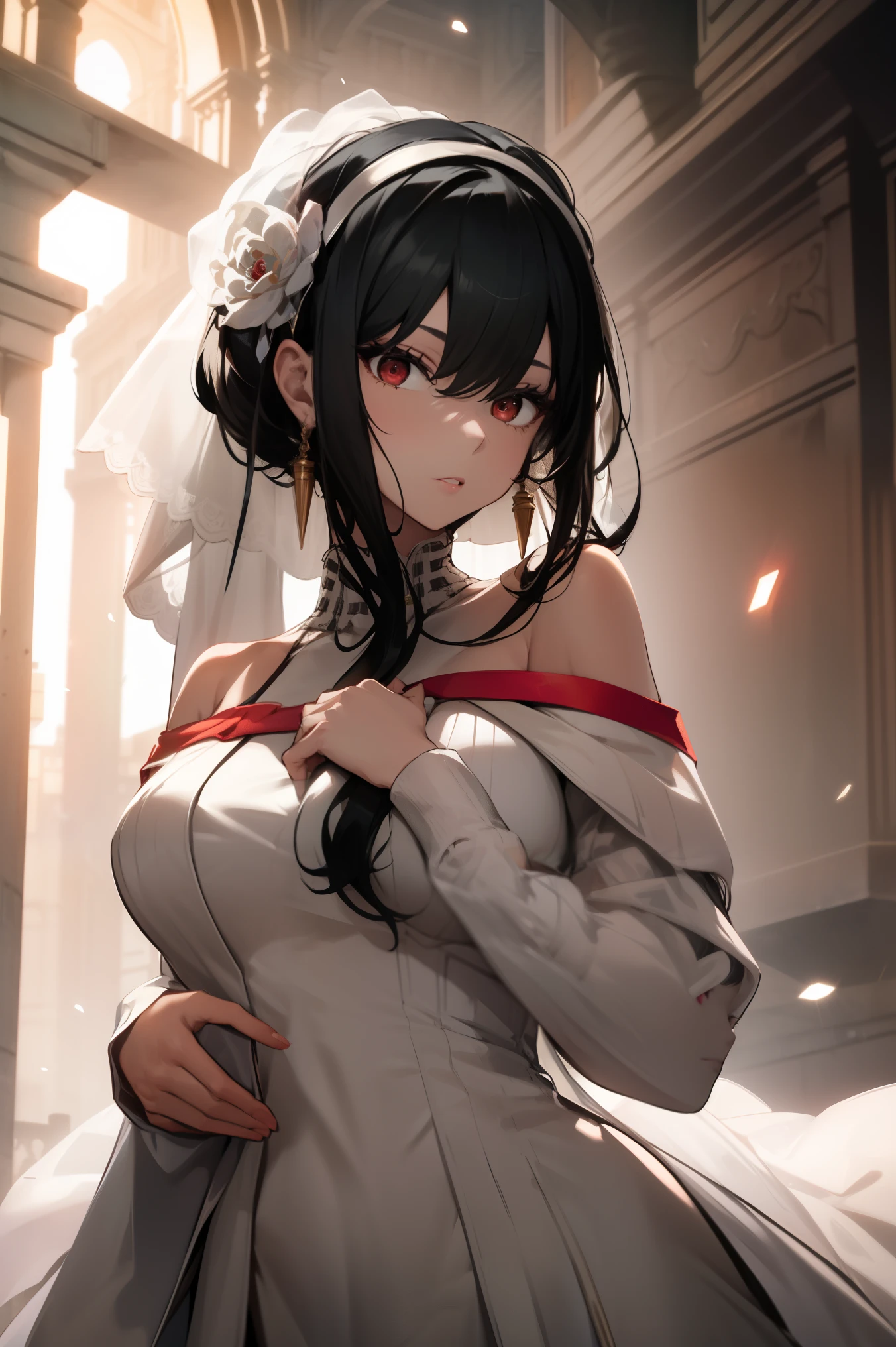 Ajof, side locks, golden hairband, hair adornments, ((Red eyes:1.5)), gold earring, ?????????????,((black hair:1.5)),
BREAK ((white off-shoulder wedding dress:1.5)),
BREAK looking at viewer, (cowboy shot:1.??????pression is solemn,cute expressive face,
BREAK (masterpiece:1.2), best quality, high resolution, unity 8k wallpaper, (illustration:0.8), (beautiful detailed eyes:1.6), extremely detailed face, perfect lighting, extremely detailed CG, (perfect hands, perfect ???????),