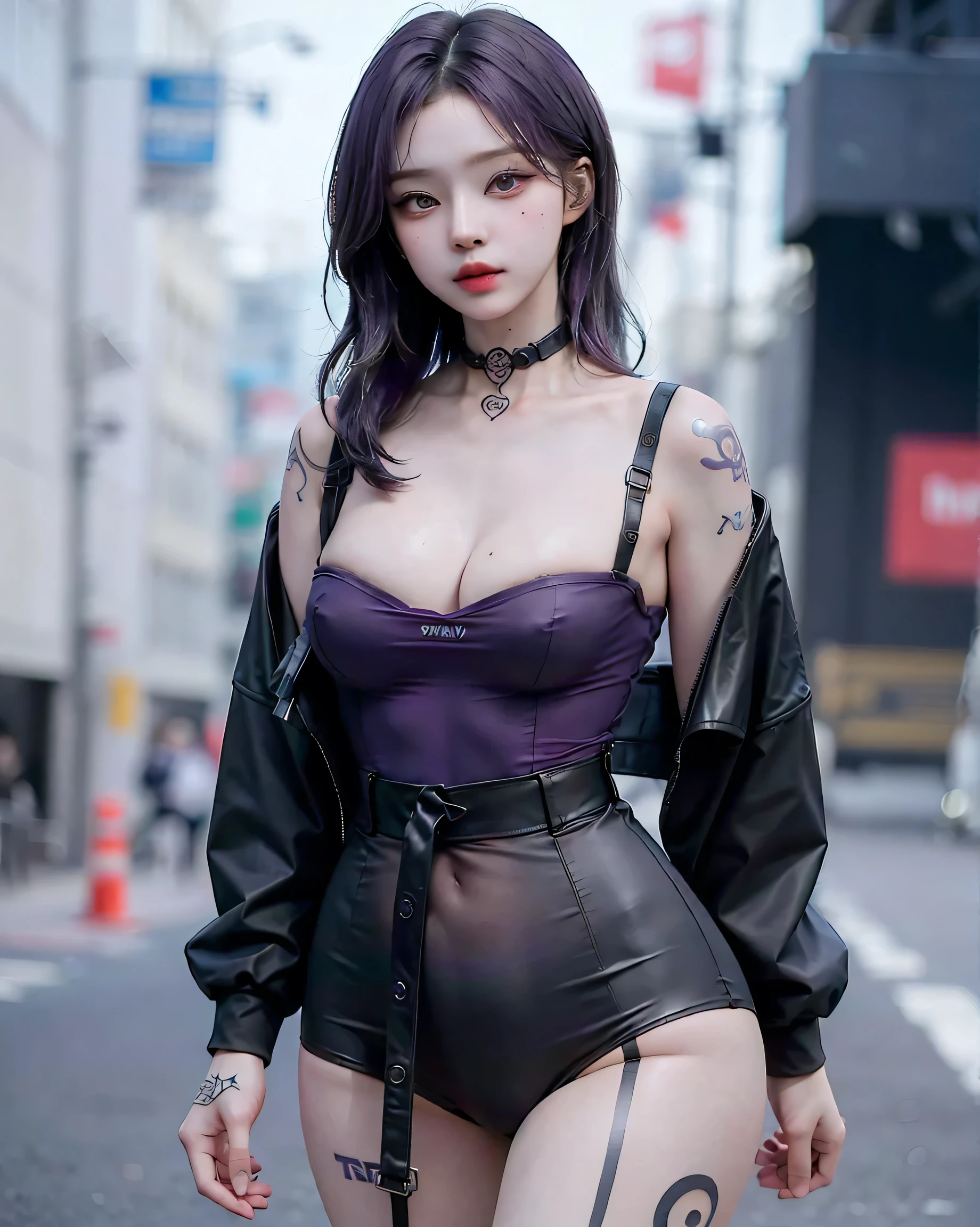 One Girl, Gray Hair, Long Hair, Techwear masterpiece, highest quality, Realistic, Dark purple jacket, Portraiture, fine grain, Platinum Hair, 21 year old girl, Fashion pose, Half Body, Wide Shot, on the road, cyber punk,(((He has many tattoos all over his body)), (((Tight waist))), ((Big Breasts)),(See-through),panties