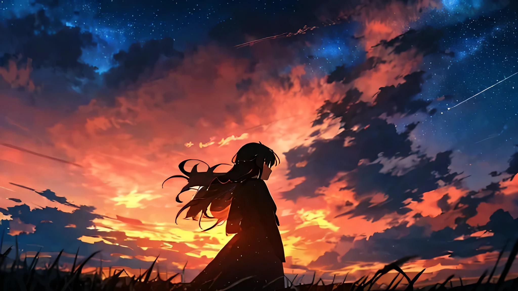sunset、hill、cloud、Long Hair、woman、silhouette、Back view、Beautiful starry sky、Look up at the sky、The wind is blowing、Wide sky、Headphones、shooting star
