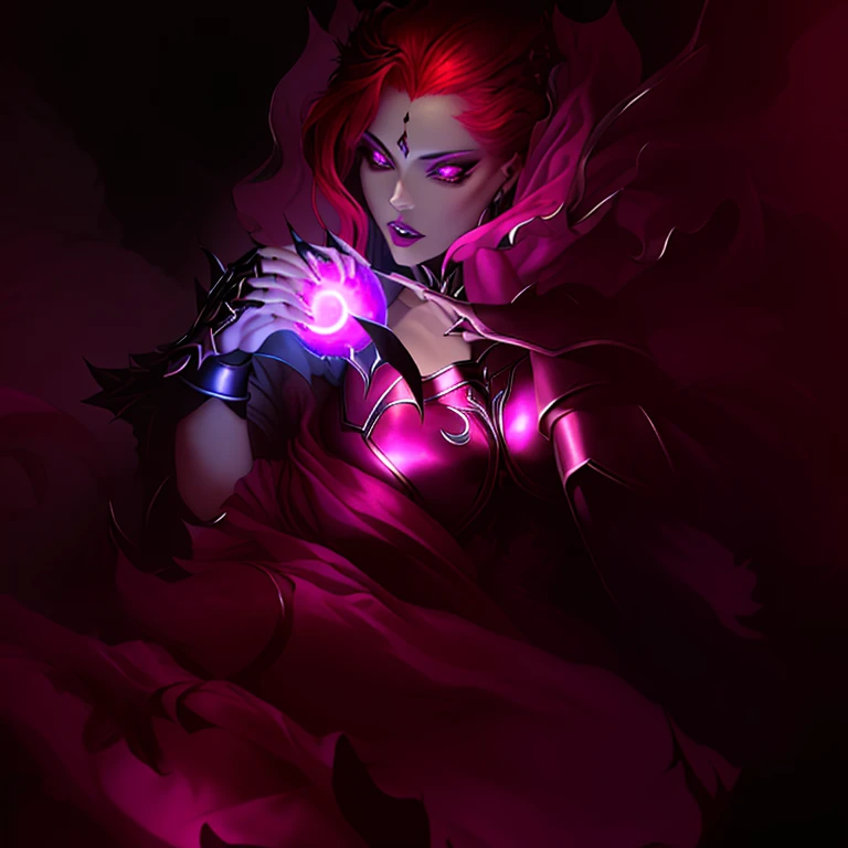 demonic woman with glowing eyes and red hair holding a glowing ball, fuchsia skin beneath the armor, fuchsia skin below the armor, 8k hd wallpaperjpeg artifact, 8 k hd wallpaperjpeg artifact, fuschia skin, fuchsia skin, dark sorceress, evil sorceress, league of legends arcane, league of legends wallpapers